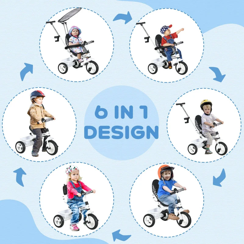6-in-1 children's tricycle with push bar, roof, belt, storage basket, white - Image 4