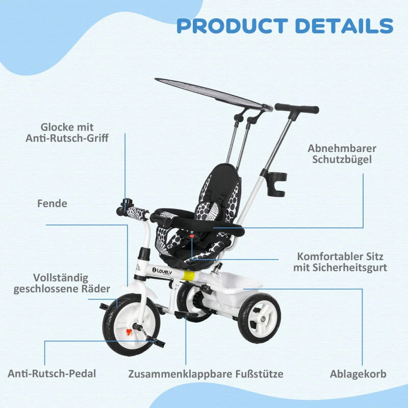 6-in-1 children's tricycle with push bar, roof, belt, storage basket, white - Image 7