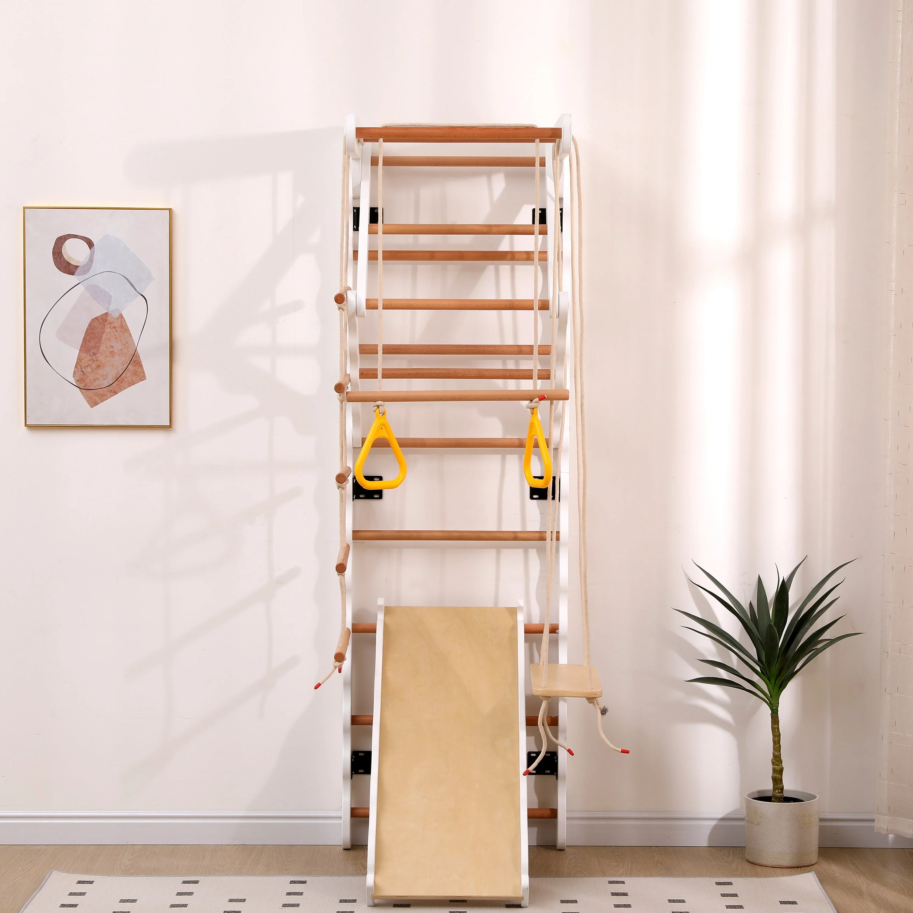 6-in-1 multifunctional climbing frame, wall bars, slide, swing, crawling ladder, pull-up area, rings, 50 kg, plywood, solid wood, beech - Image 4