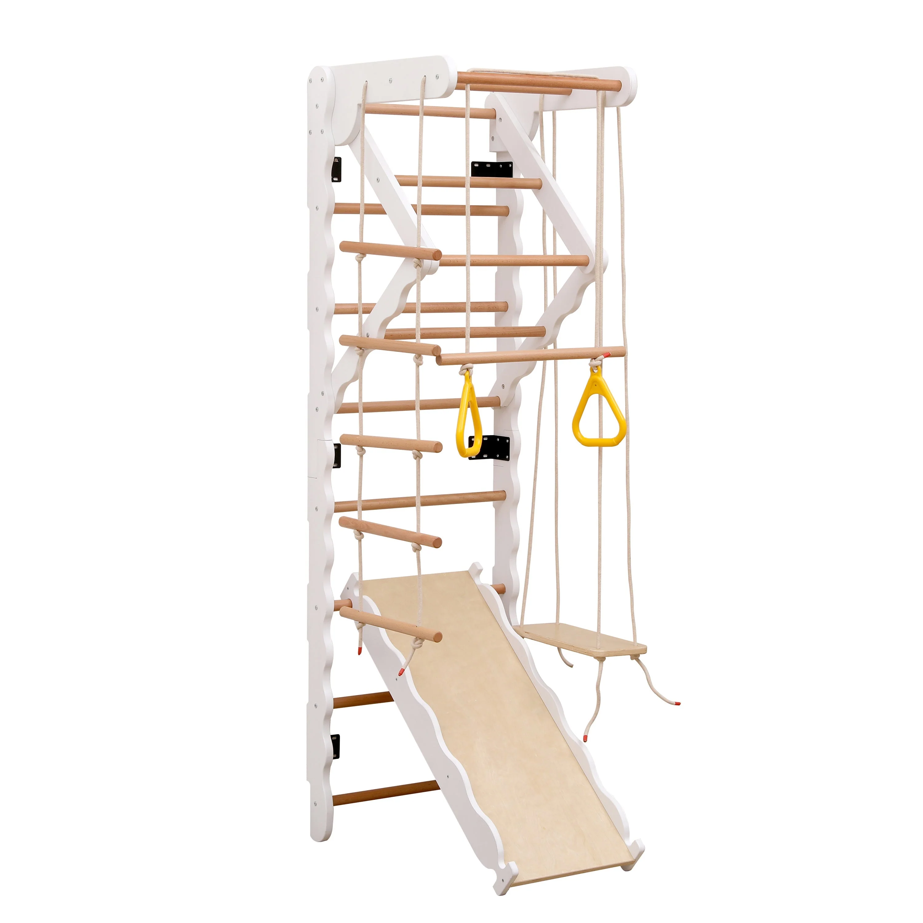6-in-1 multifunctional climbing frame, wall bars, slide, swing, crawling ladder, pull-up area, rings, 50 kg, plywood, solid wood, beech - Image 6