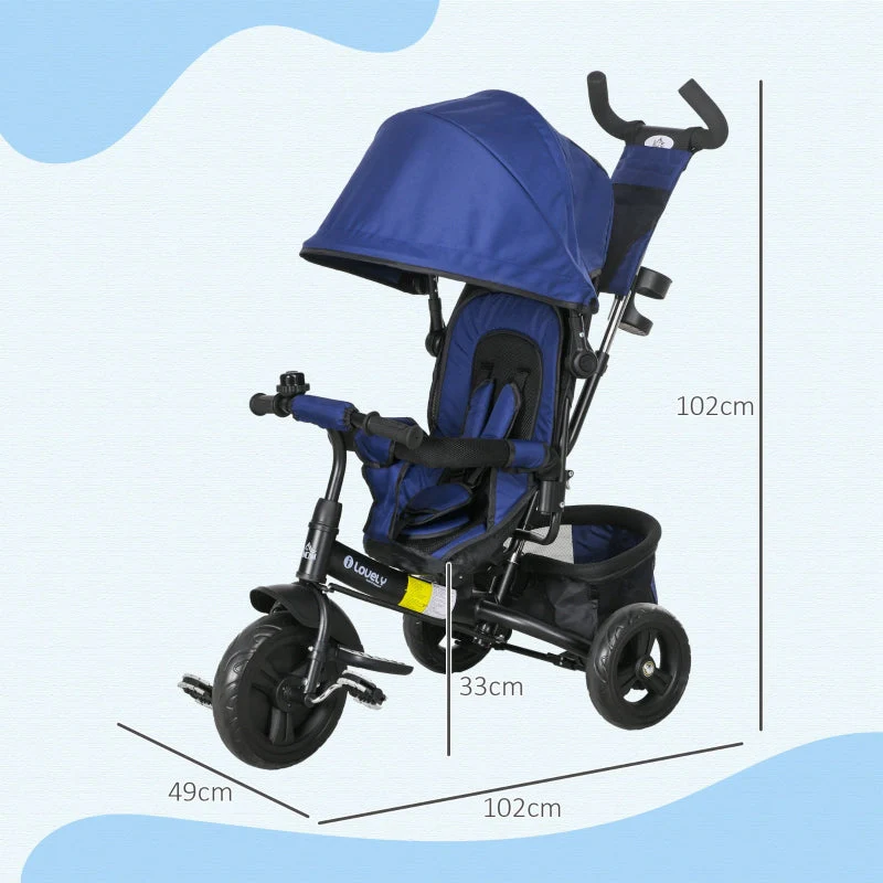 6-in-1 Tricycle with Push Bar and Sun Canopy, Dark Blue - Image 3