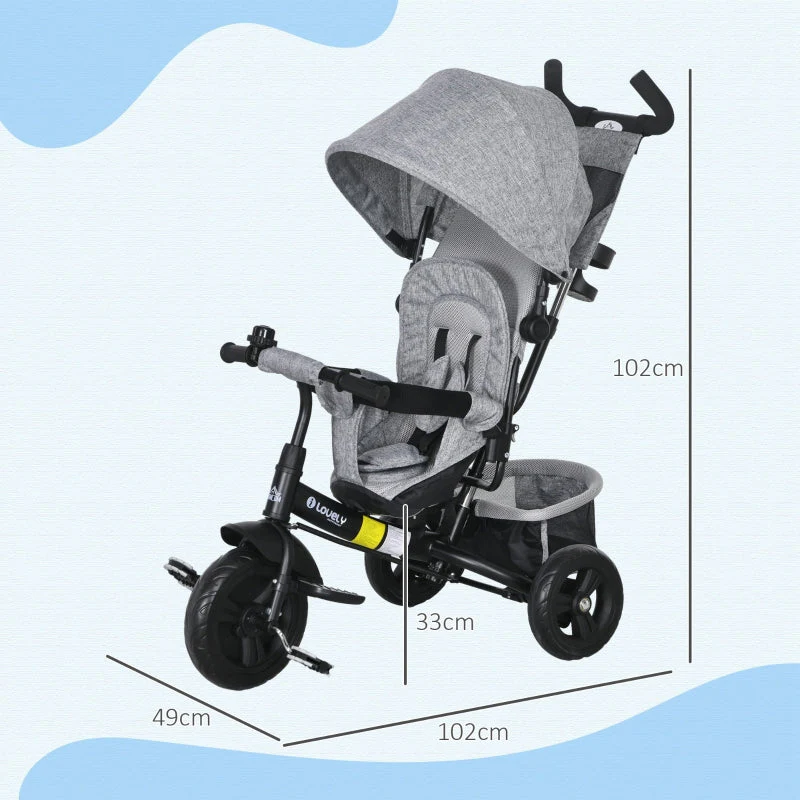 6-in-1 Tricycle with Push Bar, Removable Sun Canopy, 5-Point Safety Harness, Grey - Image 3