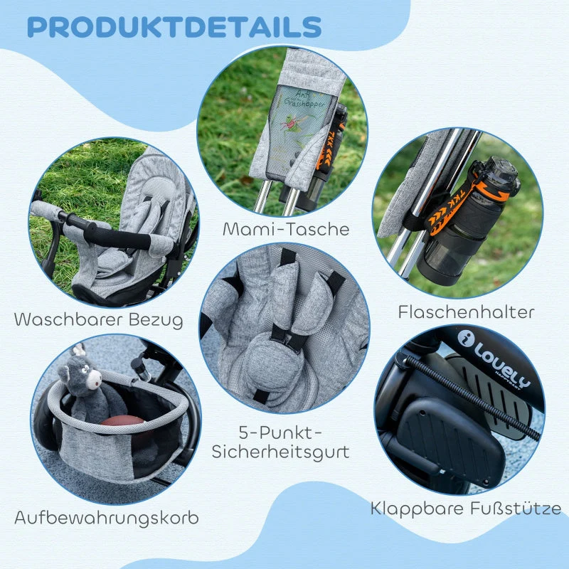 6-in-1 Tricycle with Push Bar, Removable Sun Canopy, 5-Point Safety Harness, Grey - Image 7