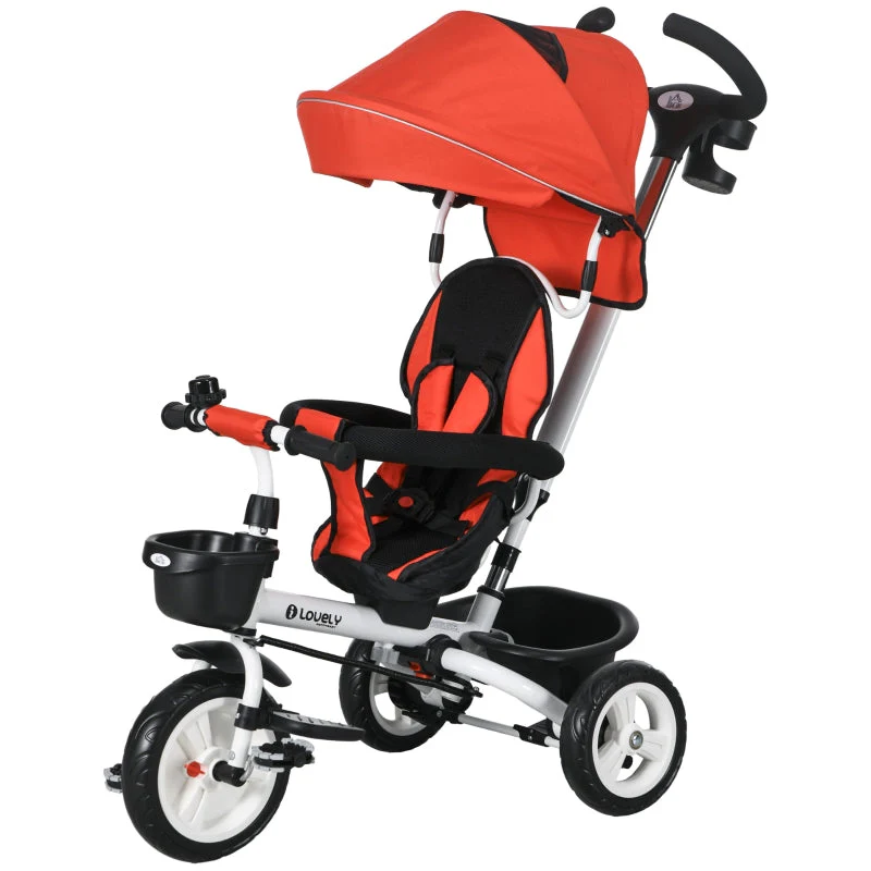 6 in 1 Tricycle with Push Bar, Safety Belt, Foldable, Removable Sunroof, Cup Holder, Basket, Pedal, up to 25 kg, for 1-5 Year Old Children, red - Image 2
