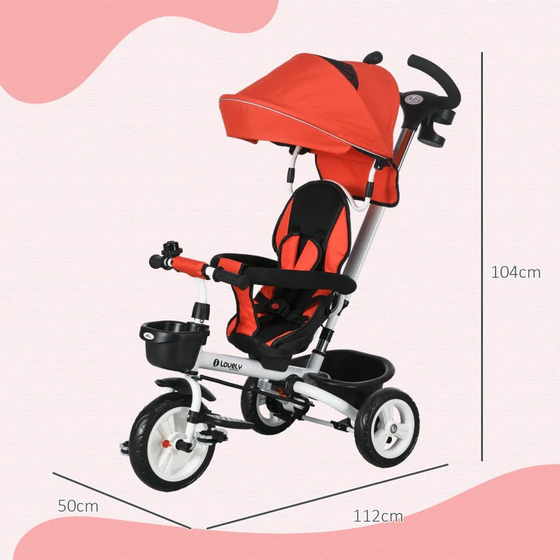 6 in 1 Tricycle with Push Bar, Safety Belt, Foldable, Removable Sunroof, Cup Holder, Basket, Pedal, up to 25 kg, for 1-5 Year Old Children, red - Image 3