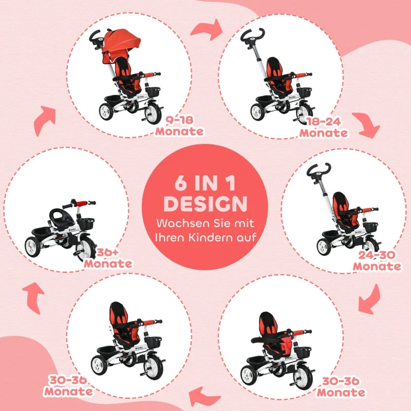 6 in 1 Tricycle with Push Bar, Safety Belt, Foldable, Removable Sunroof, Cup Holder, Basket, Pedal, up to 25 kg, for 1-5 Year Old Children, red - Image 4