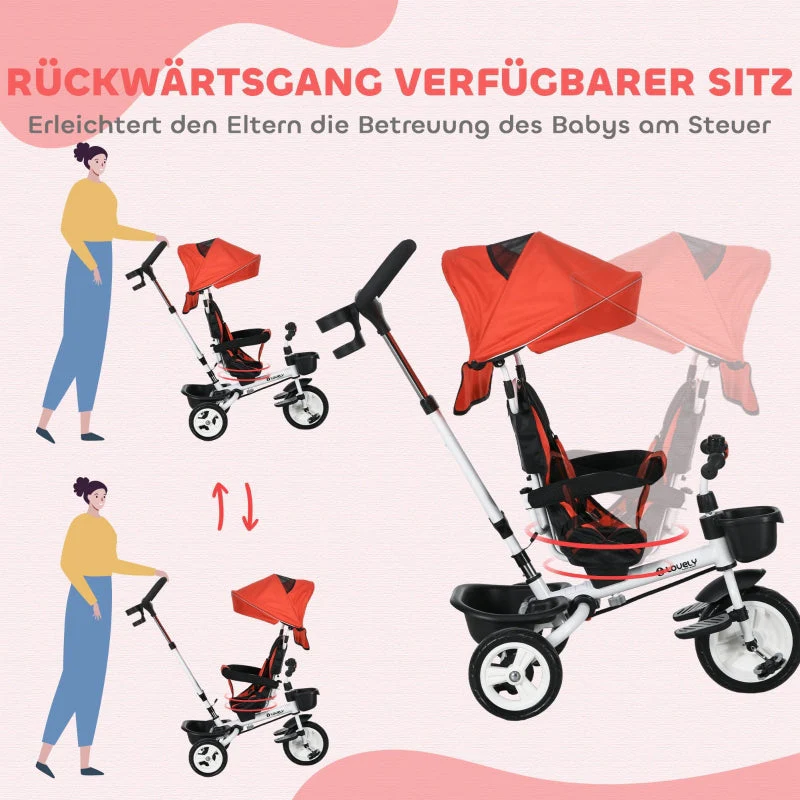 6 in 1 Tricycle with Push Bar, Safety Belt, Foldable, Removable Sunroof, Cup Holder, Basket, Pedal, up to 25 kg, for 1-5 Year Old Children, red - Image 5