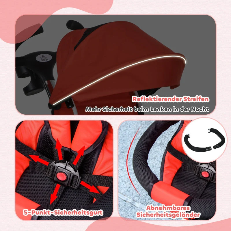 6 in 1 Tricycle with Push Bar, Safety Belt, Foldable, Removable Sunroof, Cup Holder, Basket, Pedal, up to 25 kg, for 1-5 Year Old Children, red - Image 7