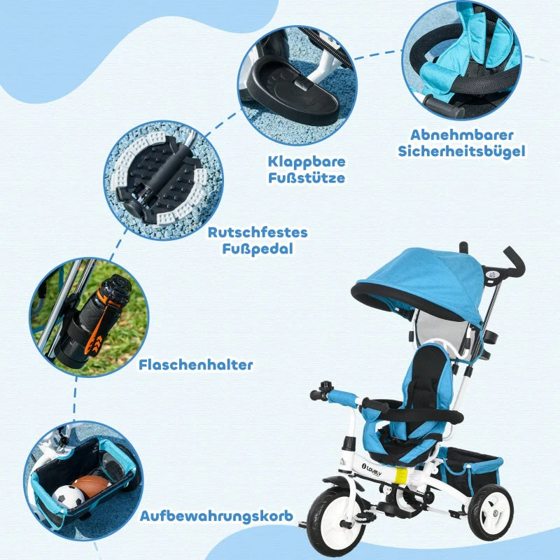 6-in-1 Tricycle with Push Bar, Sun Canopy, Safety Harness, Basket, Cup Holder, Blue - Image 6