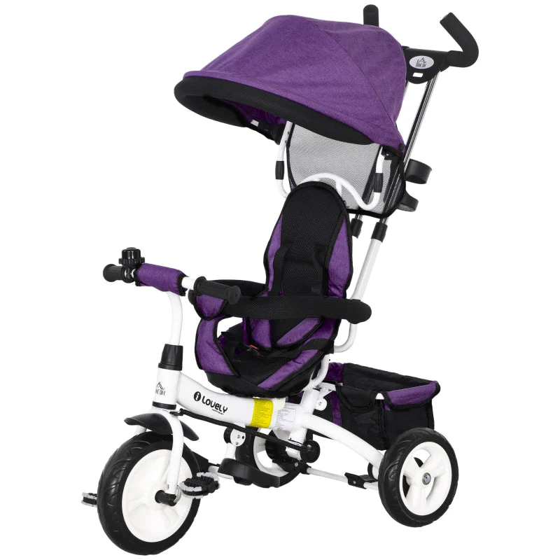 6-in-1 Tricycle with Push Bar, Sun Canopy, Safety Harness, Purple - Image 2