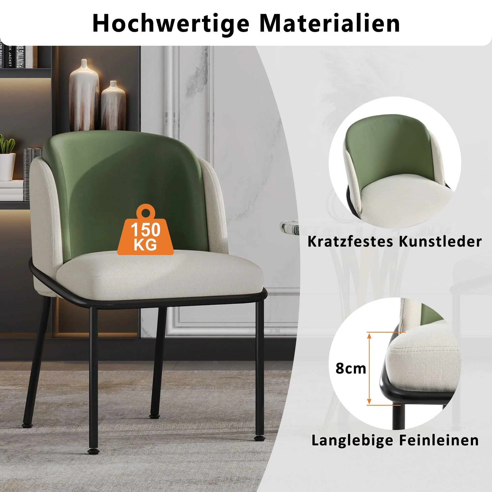 6 Modern Chairs Angled Legs Adjustable Feet Beige+Green - Image 4