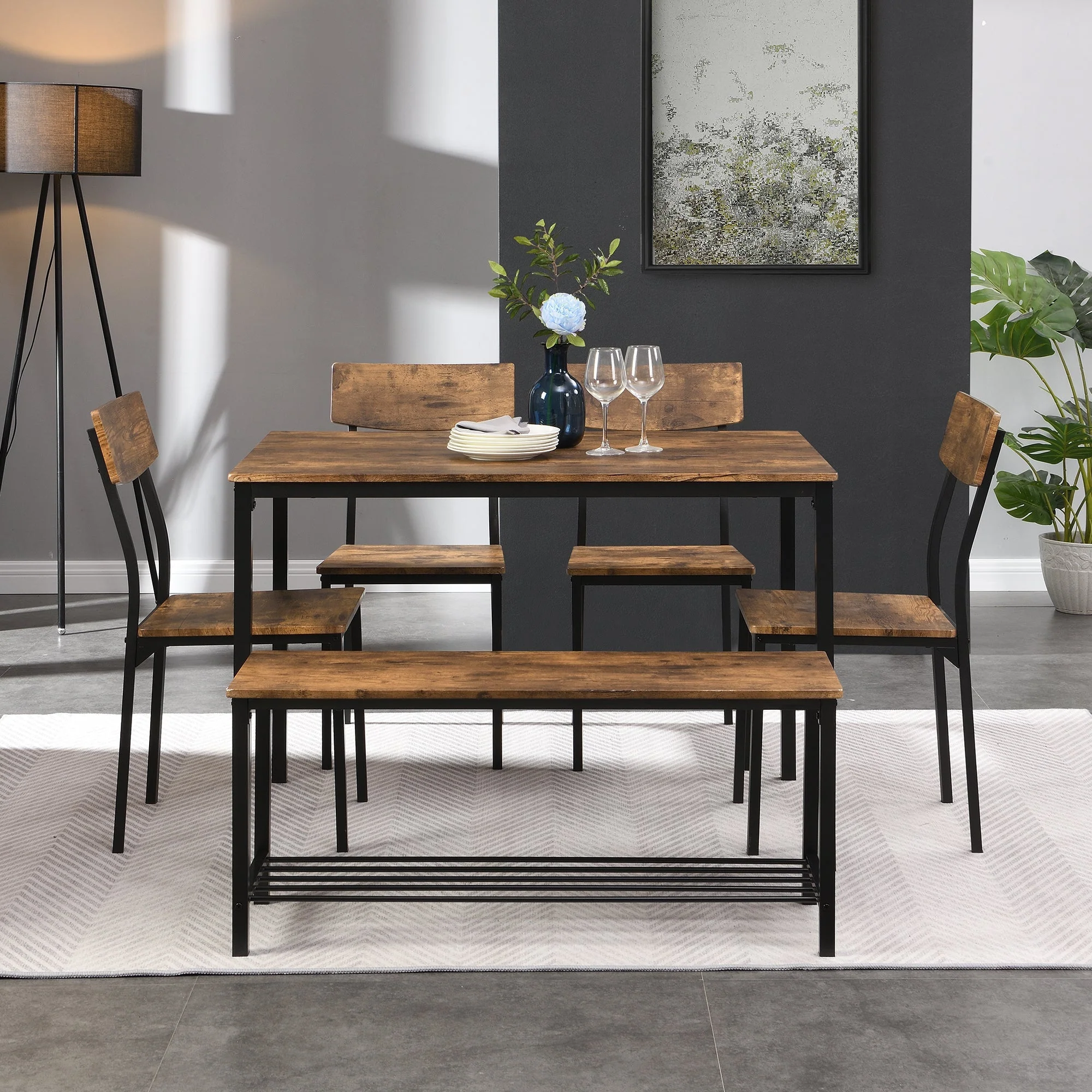 6-Piece Dining Set Table Chair and Bench Industrial Wood and Steel - Image 2