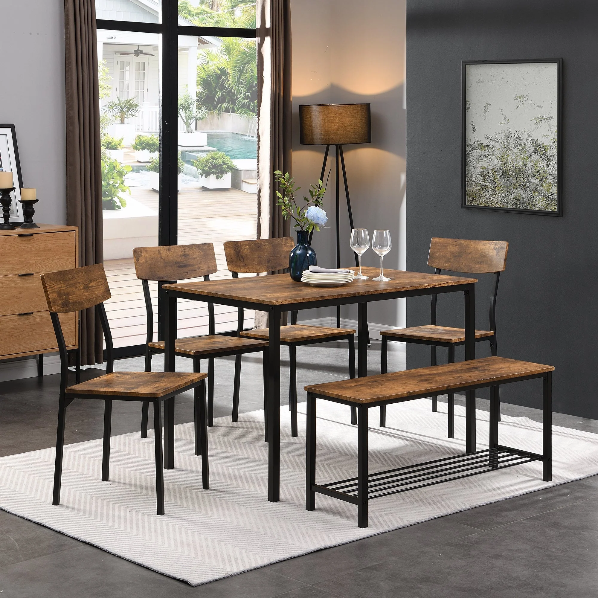 6-Piece Dining Set Table Chair and Bench Industrial Wood and Steel - Image 3