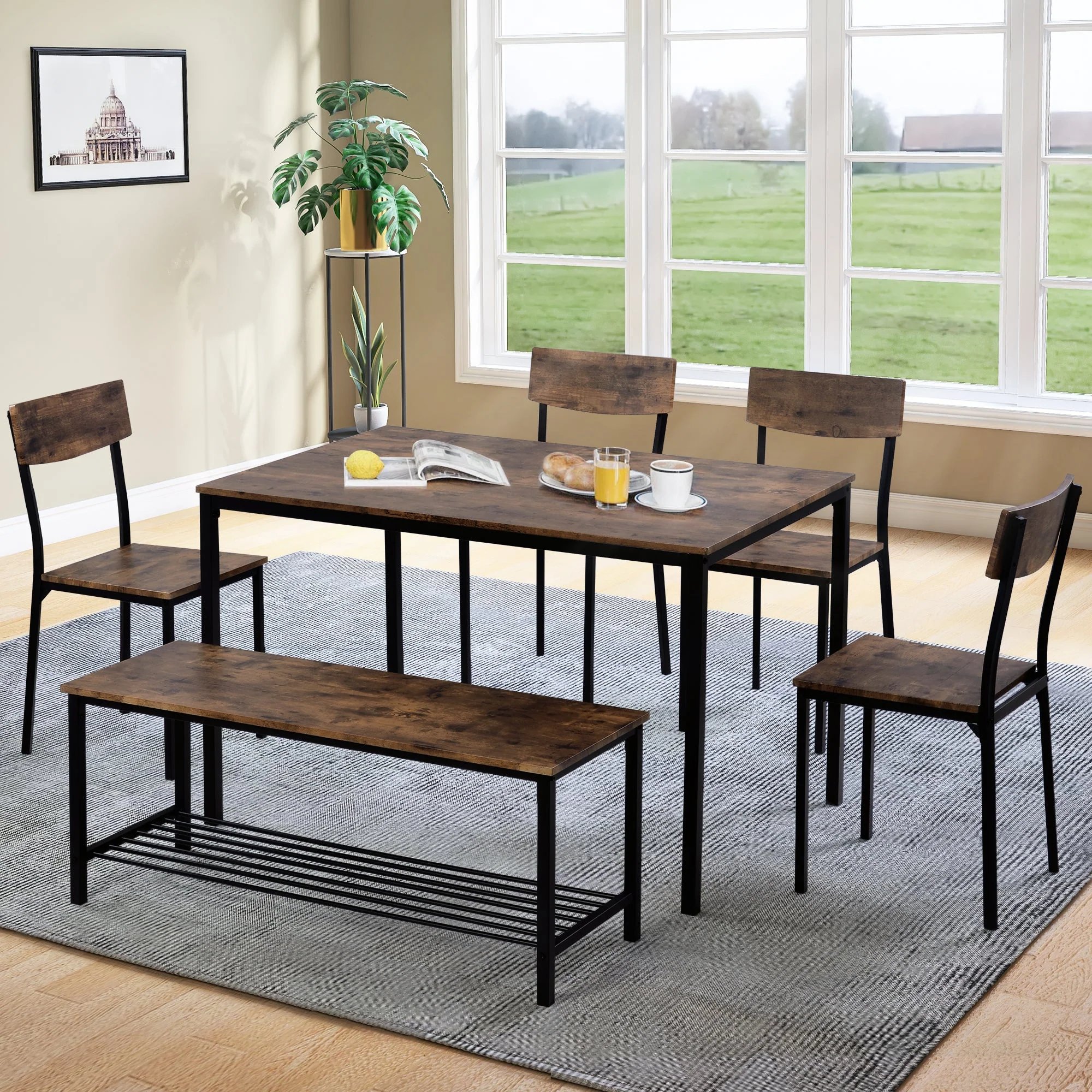 6-Piece Dining Set Table Chair and Bench Industrial Wood and Steel - Image 4