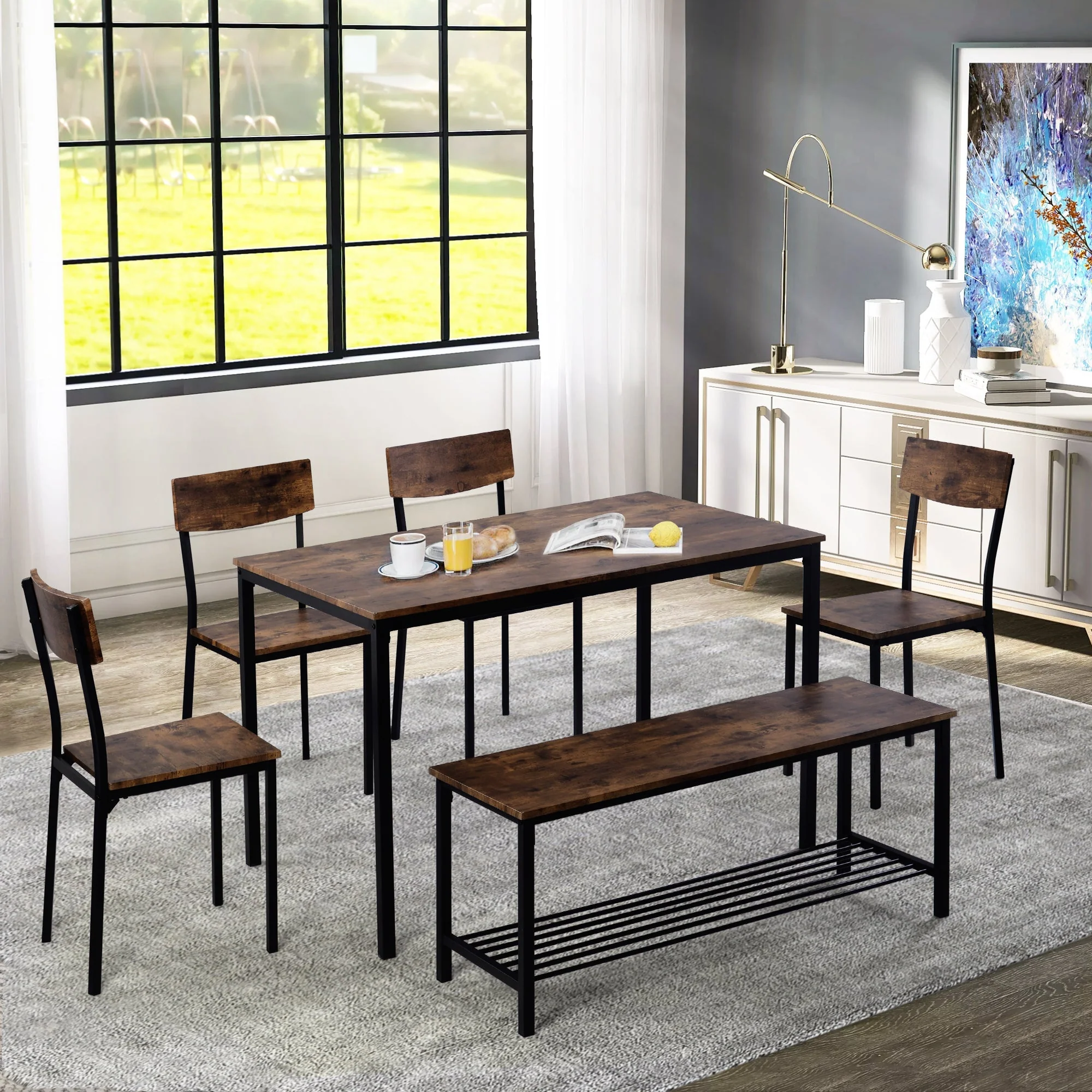 6-Piece Dining Set Table Chair and Bench Industrial Wood and Steel - Image 5