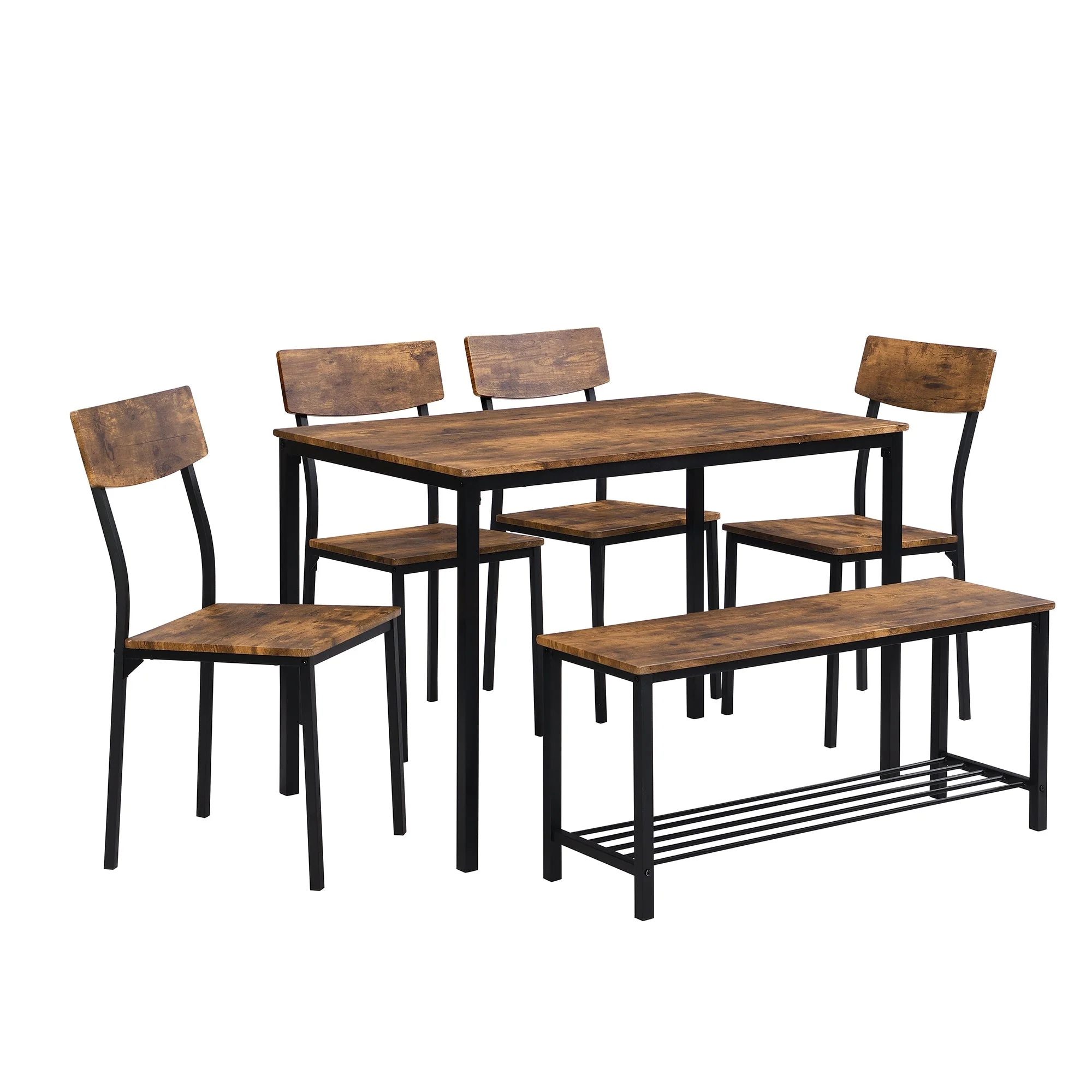 6-Piece Dining Set Table Chair and Bench Industrial Wood and Steel - Image 6