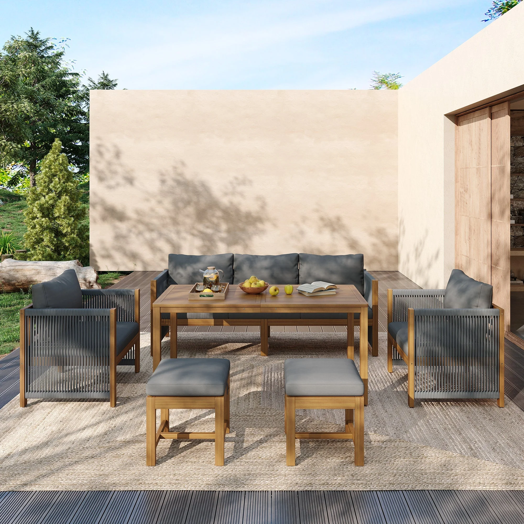 6-Piece Garden Furniture Set with Sofa, Stools and Acacia Tabletop, Grey - Image 3