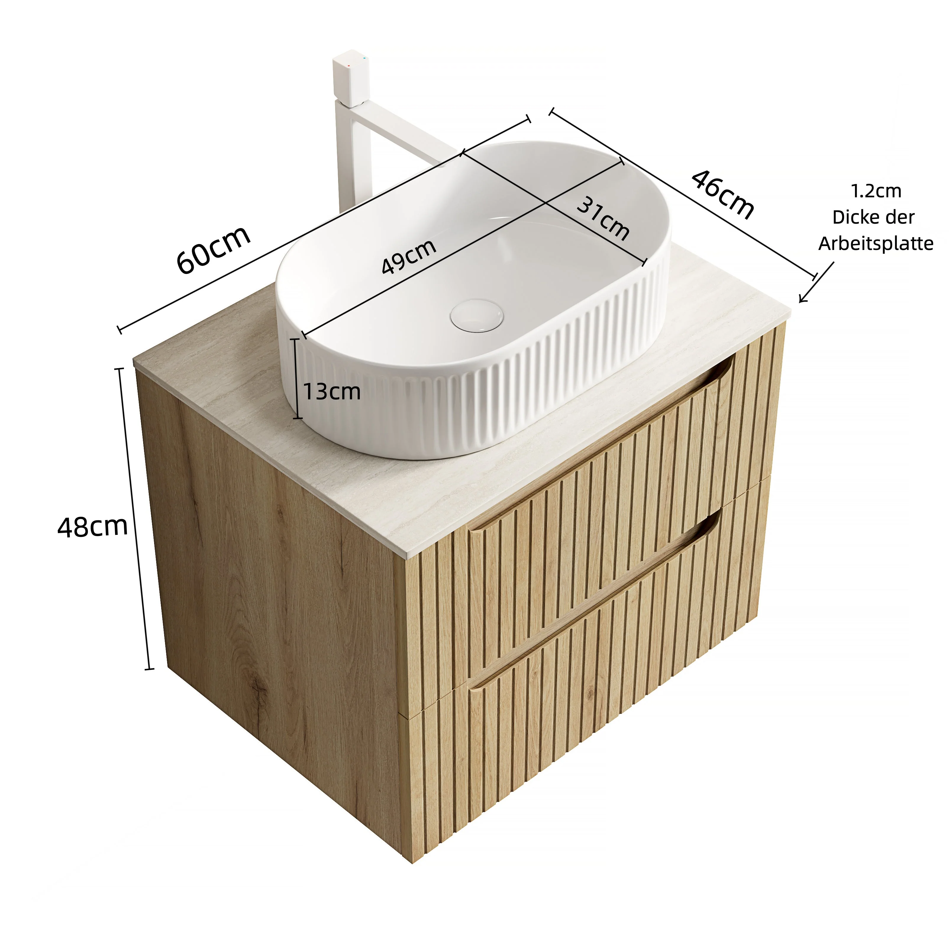60cm Floating Vanity Oval Sink Sintered Stone Top 2 Drawers - White Oak - Image 9