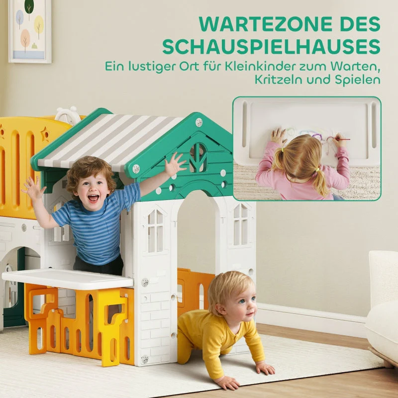 7-in-1 Children's Slide Indoor Playground with Climbing Frame and Playhouse, Yellow and Green Plastic - Image 6