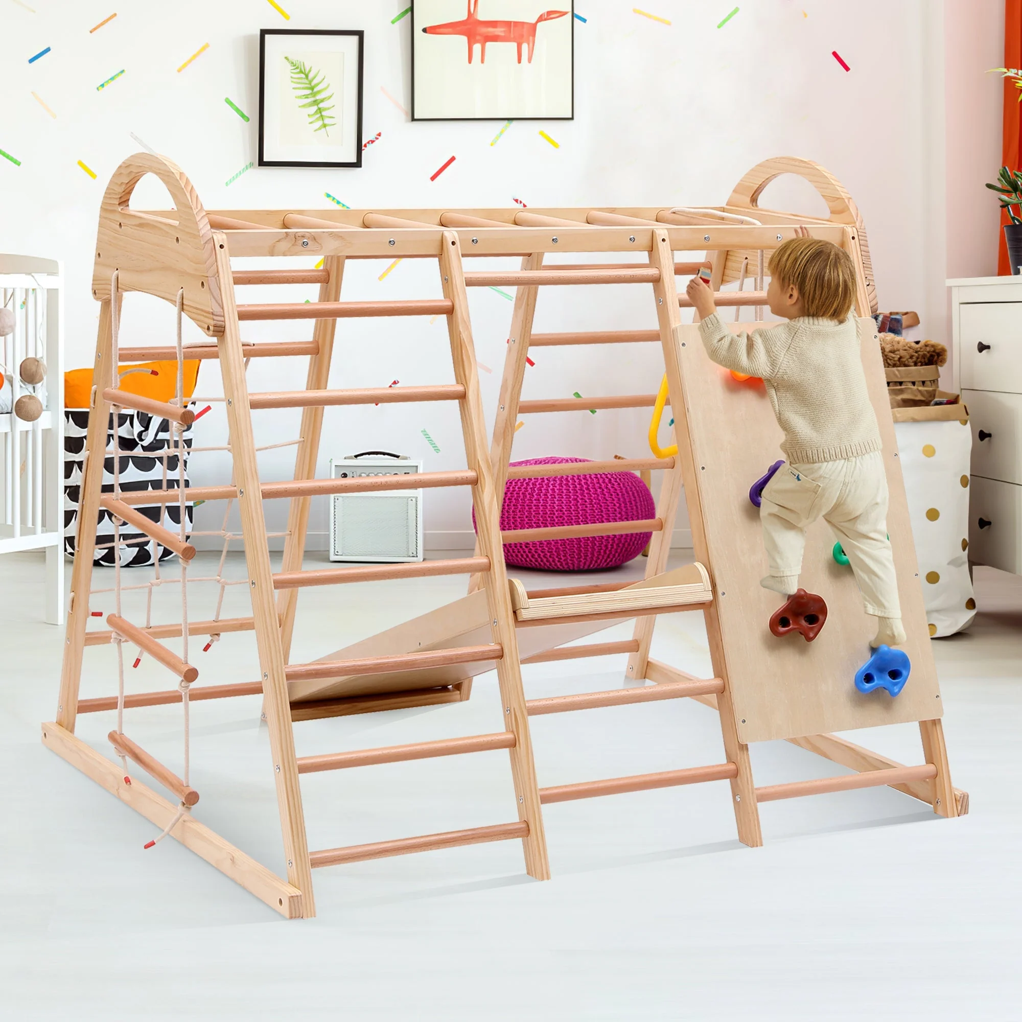 7-in-1 multifunctional climbing frame, solid wood plywood and beechwood - Image 5