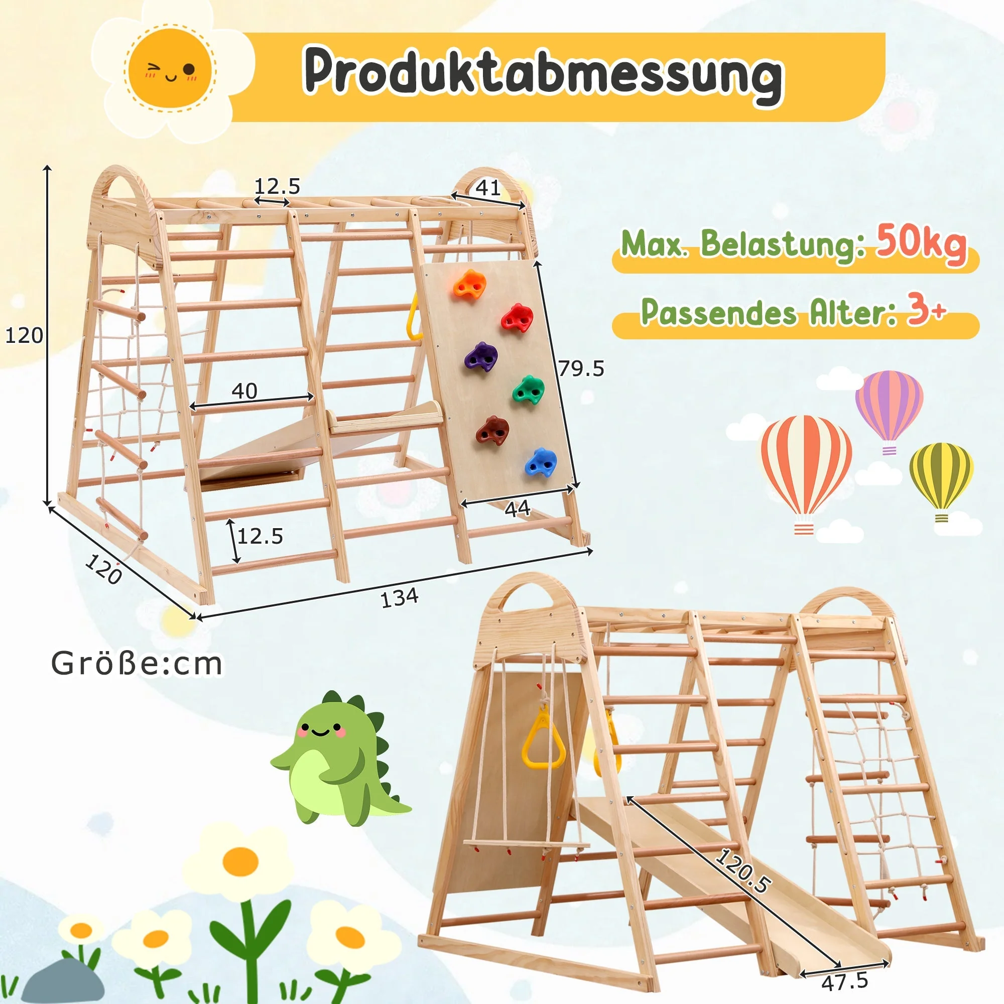 7-in-1 multifunctional climbing frame, solid wood plywood and beechwood - Image 9