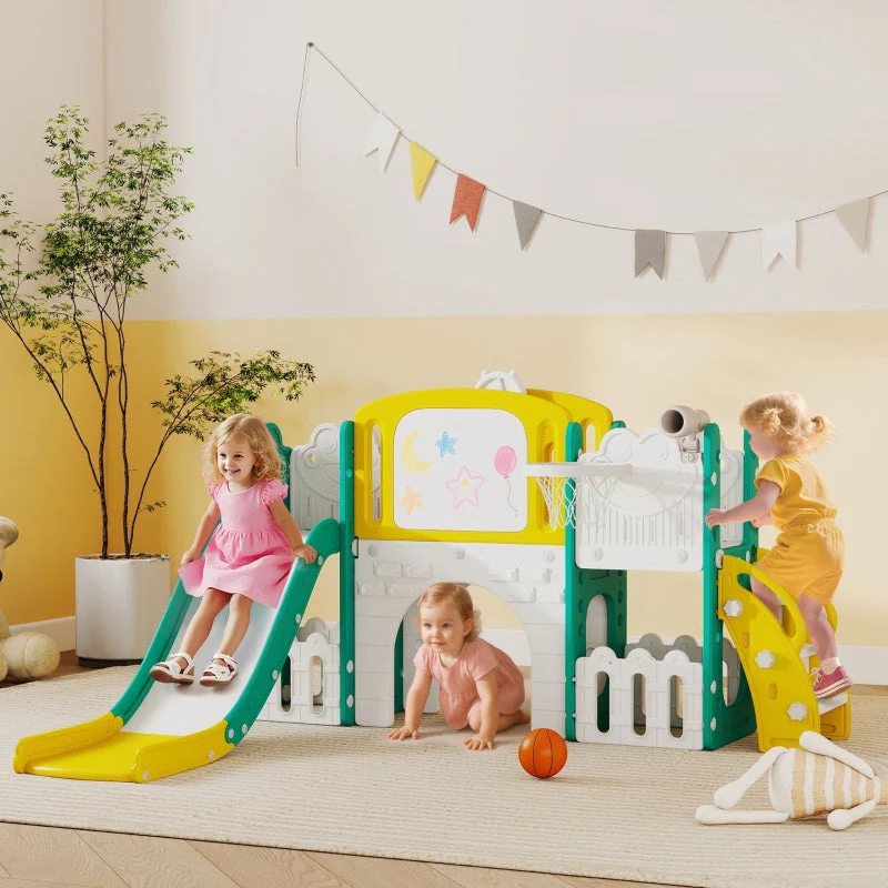 7-in-1 Toddler Slide Set with Basketball Hoop, Climbing Frame and Swing, Yellow and Green