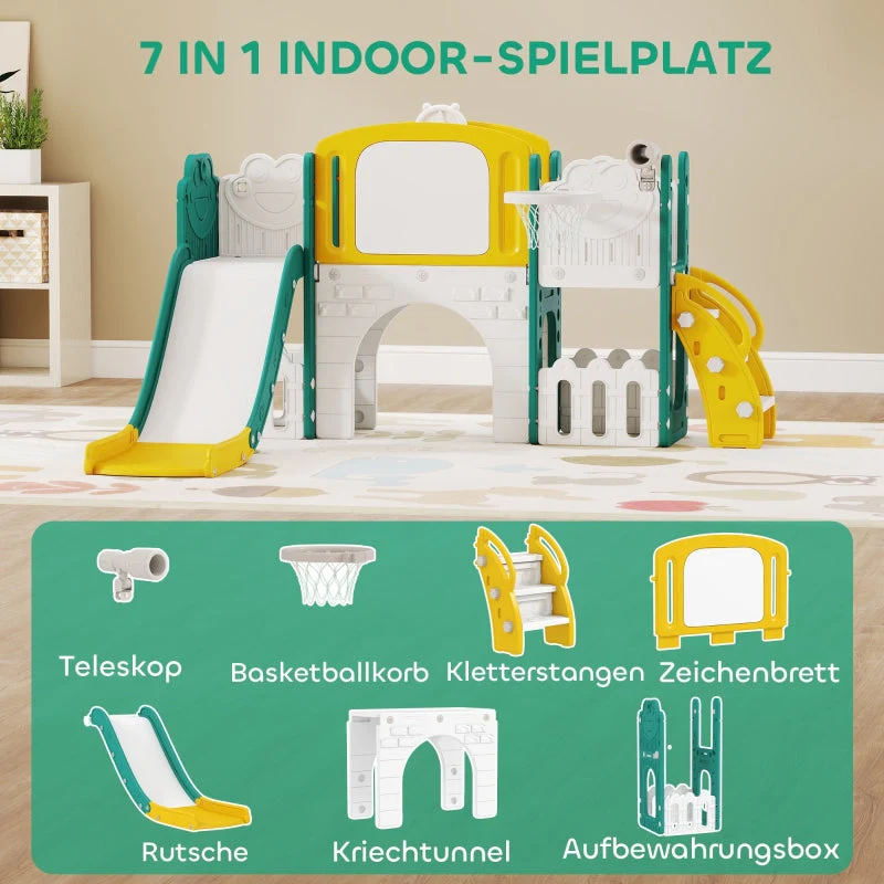 7-in-1 Toddler Slide Set with Basketball Hoop, Climbing Frame and Swing, Yellow and Green - Image 4