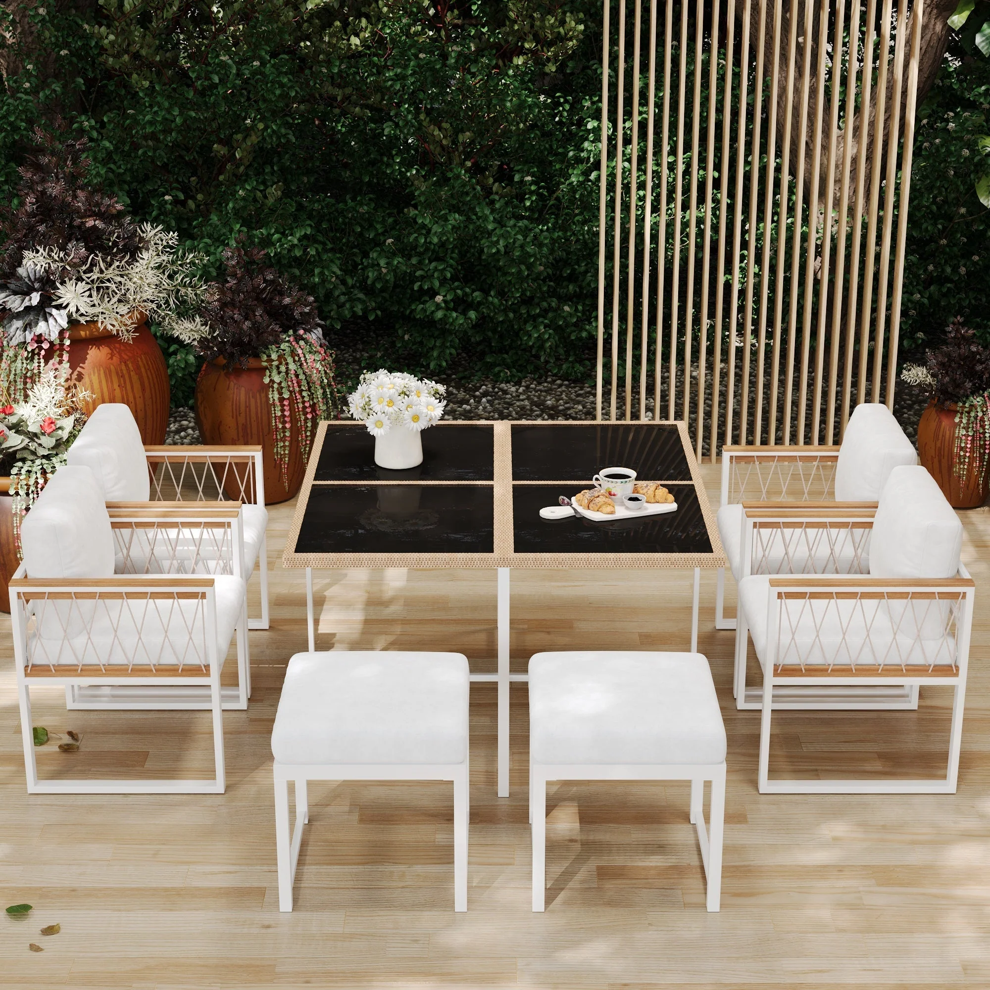7-Piece Garden Furniture Set 6-Seater Tempered Glass WPC - Outdoor - Image 3