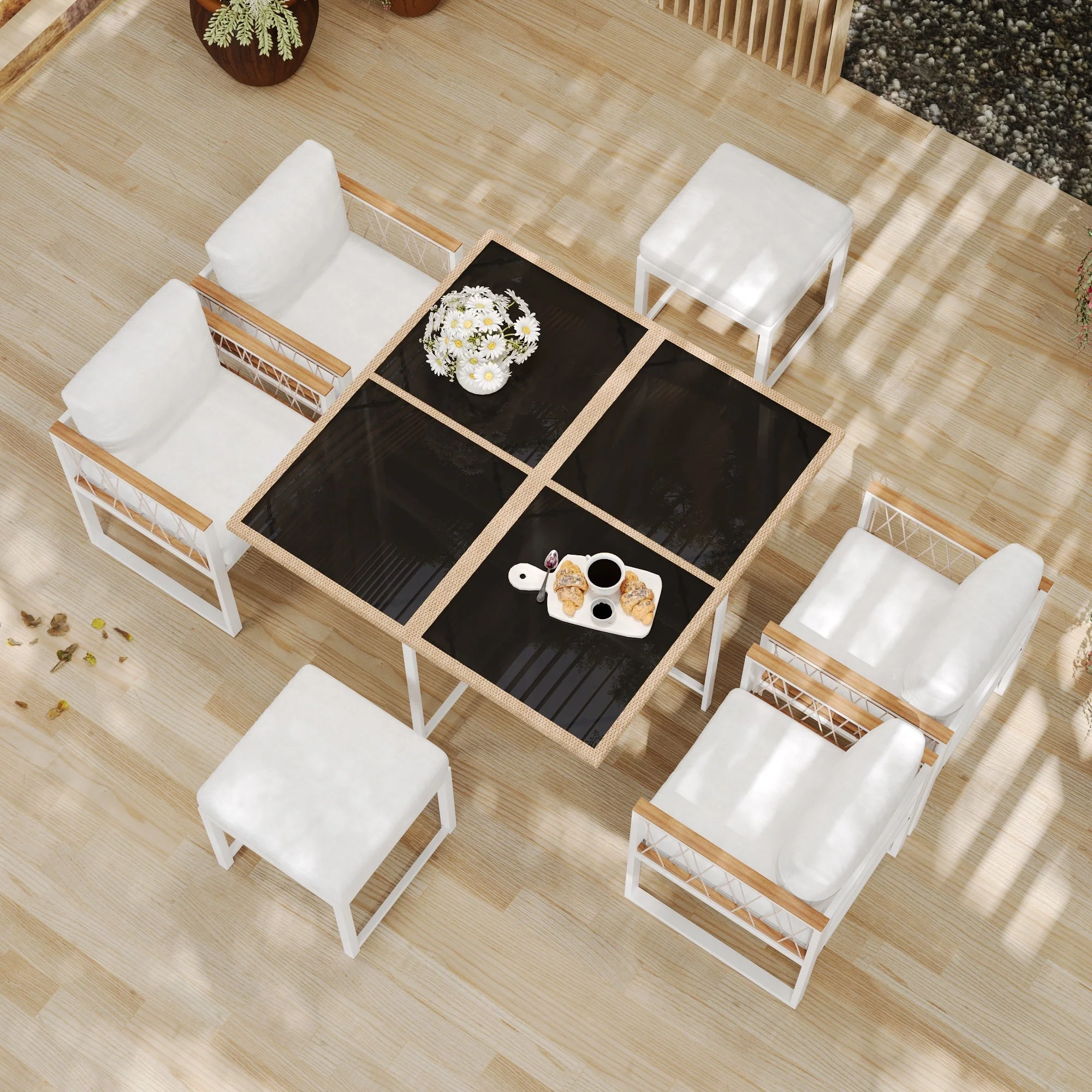 7-Piece Garden Furniture Set 6-Seater Tempered Glass WPC - Outdoor - Image 4