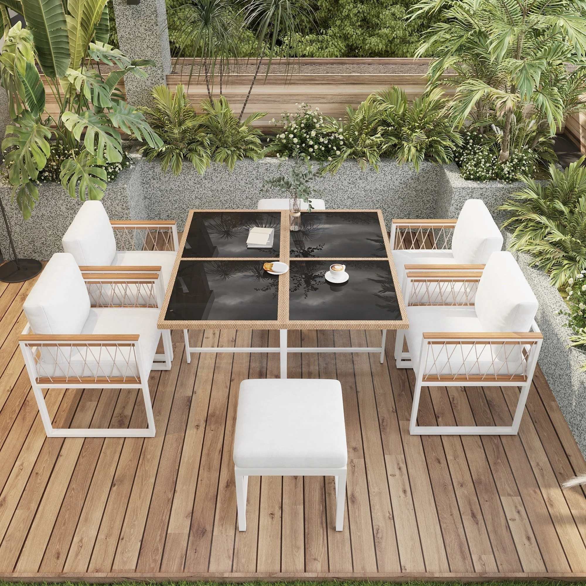 7-Piece Garden Furniture Set 6-Seater Tempered Glass WPC - Outdoor - Image 8