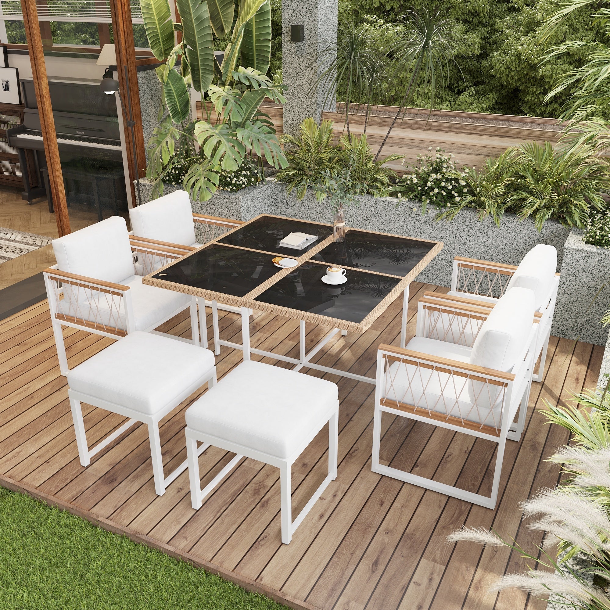 7-Piece Garden Furniture Set 6-Seater Tempered Glass WPC - Outdoor - Image 9