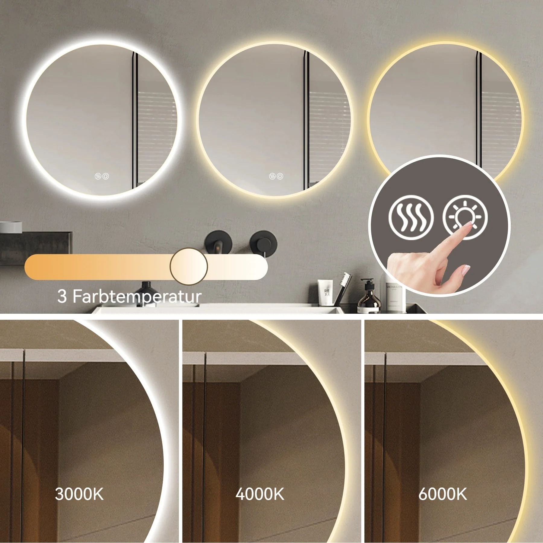 70cm LED Round Bathroom Mirror, Anti-Fog Dimmable Light 3 Color Temperature, Smart Mirror - Image 5