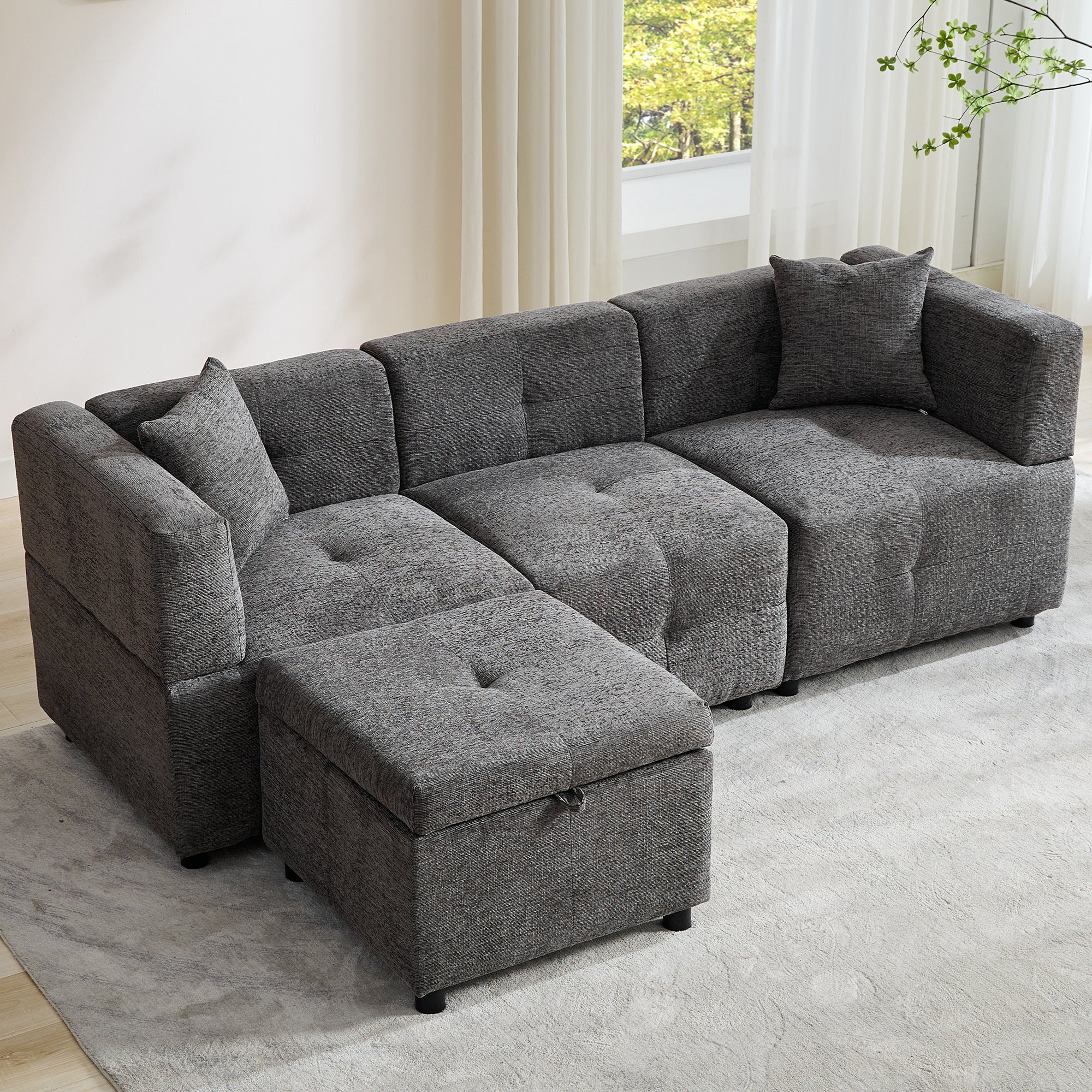 80" Sectional Sofa Couch with Removable Storage Ottoman, L-Shaped, Fabric, Grey - Image 2