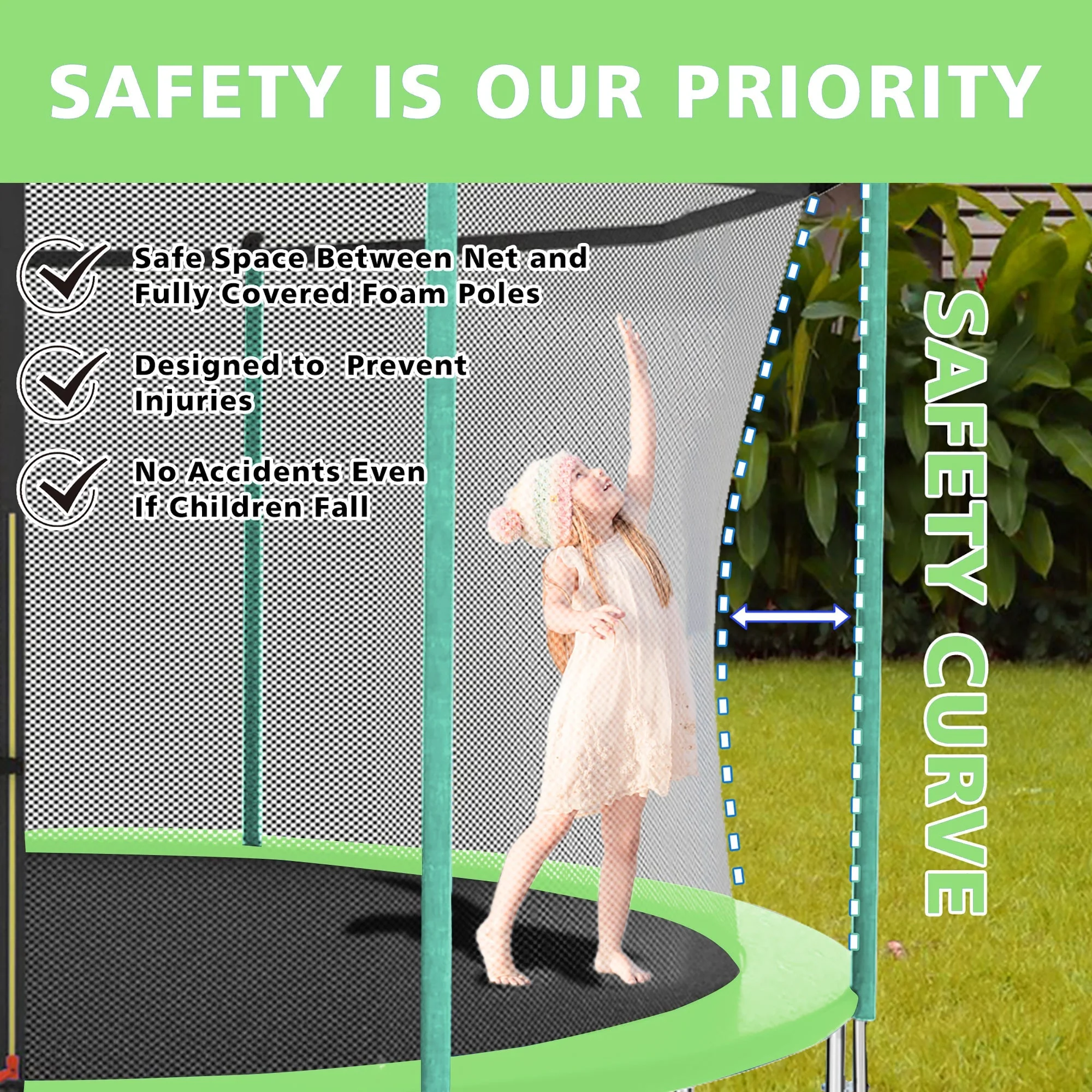 8FT Trampoline with Safety Net and Ladder, 181kg Capacity, Green - Image 4