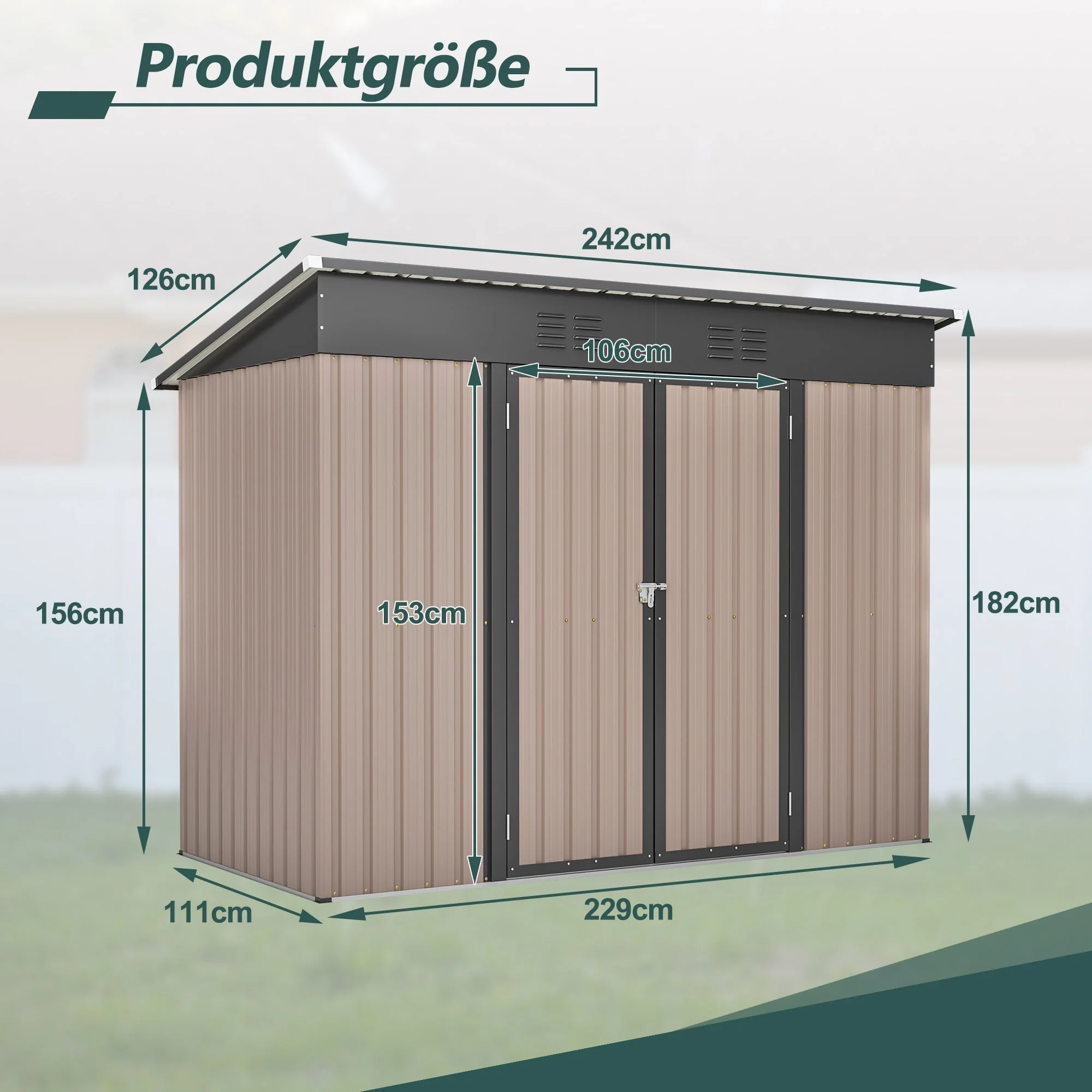 8x4 FT Metal Tool Shed Garden House with Metal Foundation, Brown - Image 2
