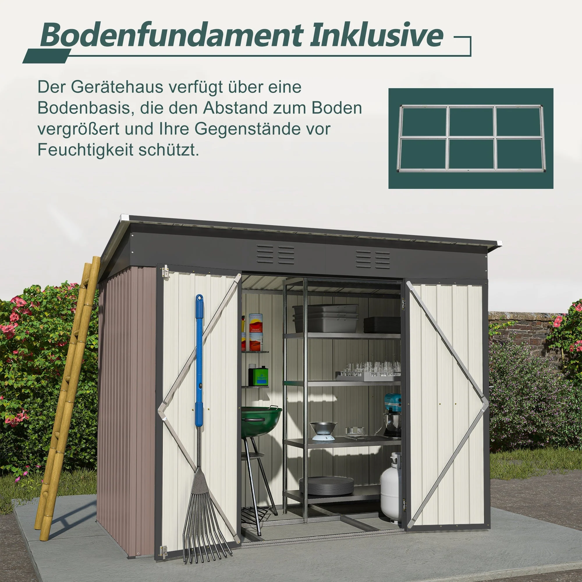 8x4 FT Metal Tool Shed Garden House with Metal Foundation, Brown - Image 3