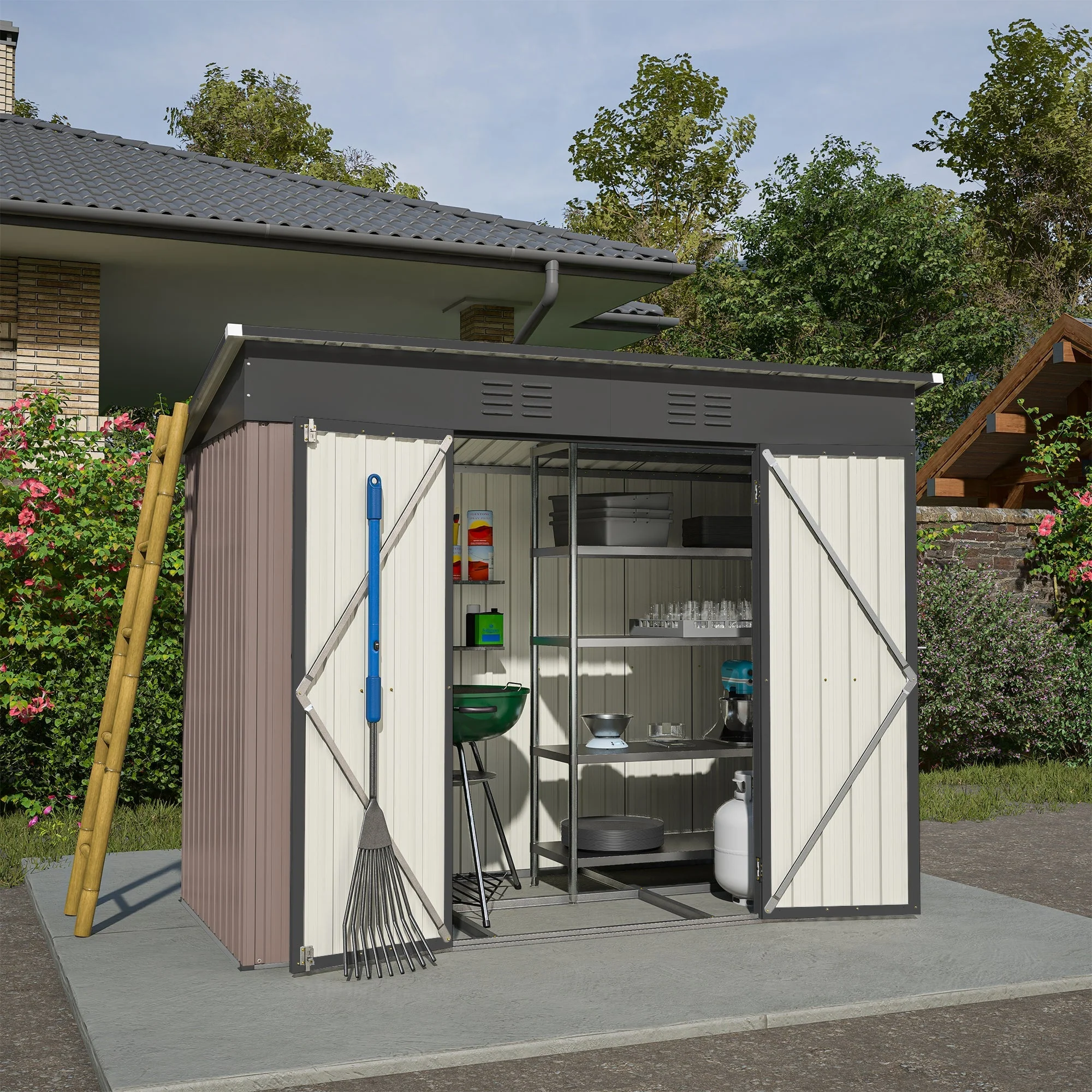 8x4 FT Metal Tool Shed Garden House with Metal Foundation, Brown - Image 4
