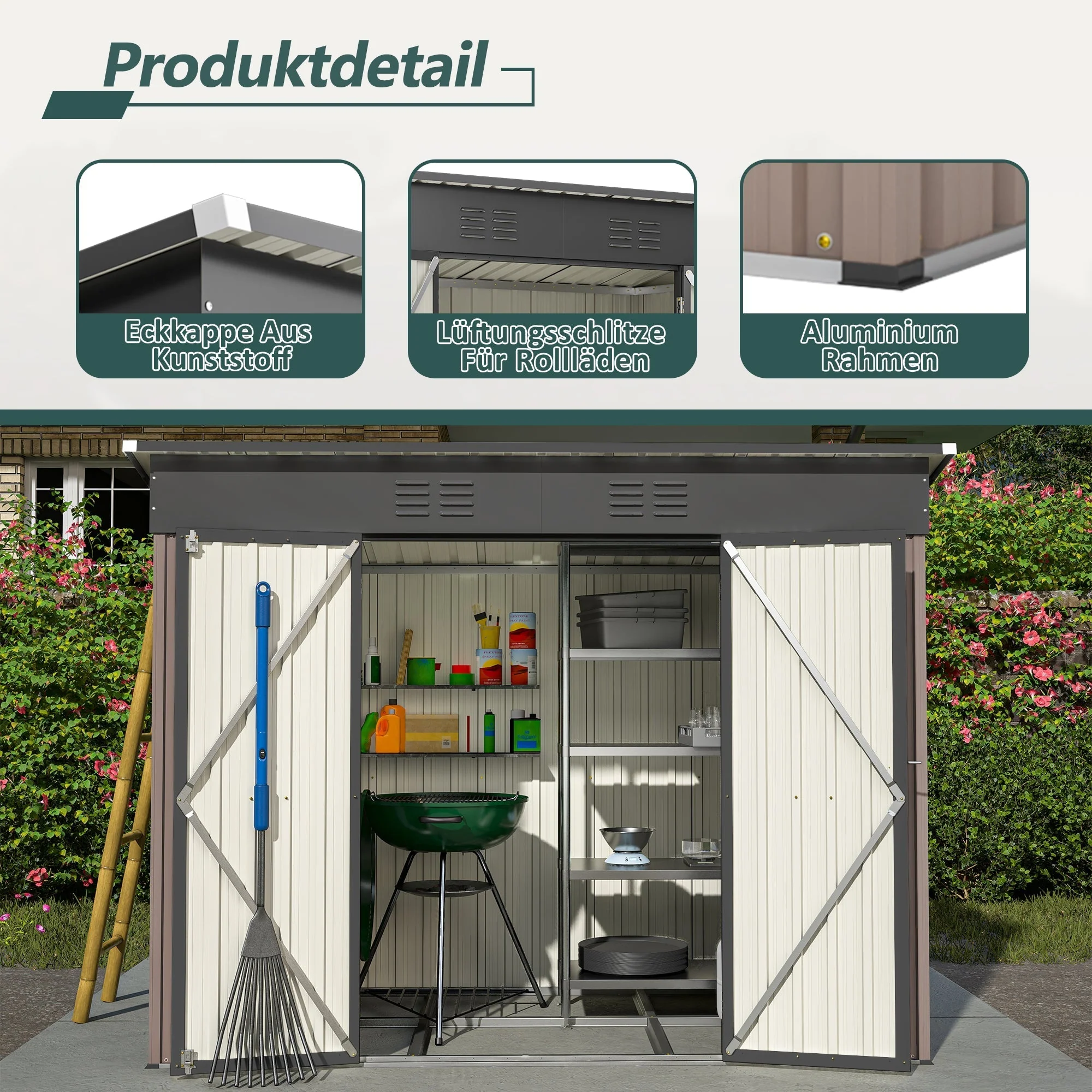 8x4 FT Metal Tool Shed Garden House with Metal Foundation, Brown - Image 5