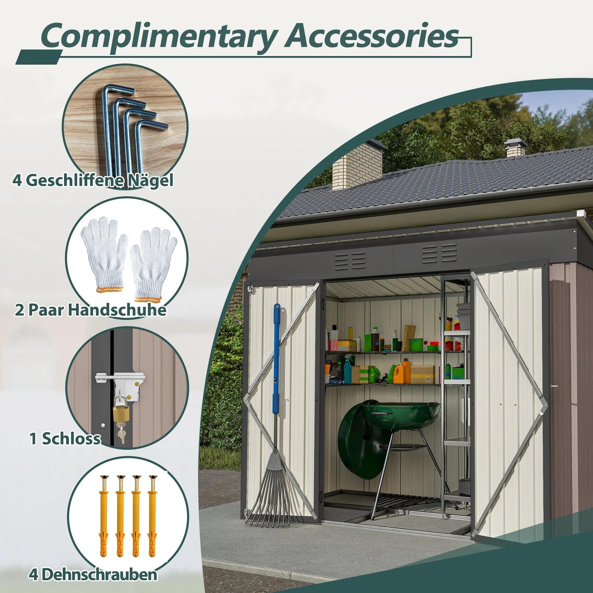 8x4 FT Metal Tool Shed Garden House with Metal Foundation, Brown - Image 7