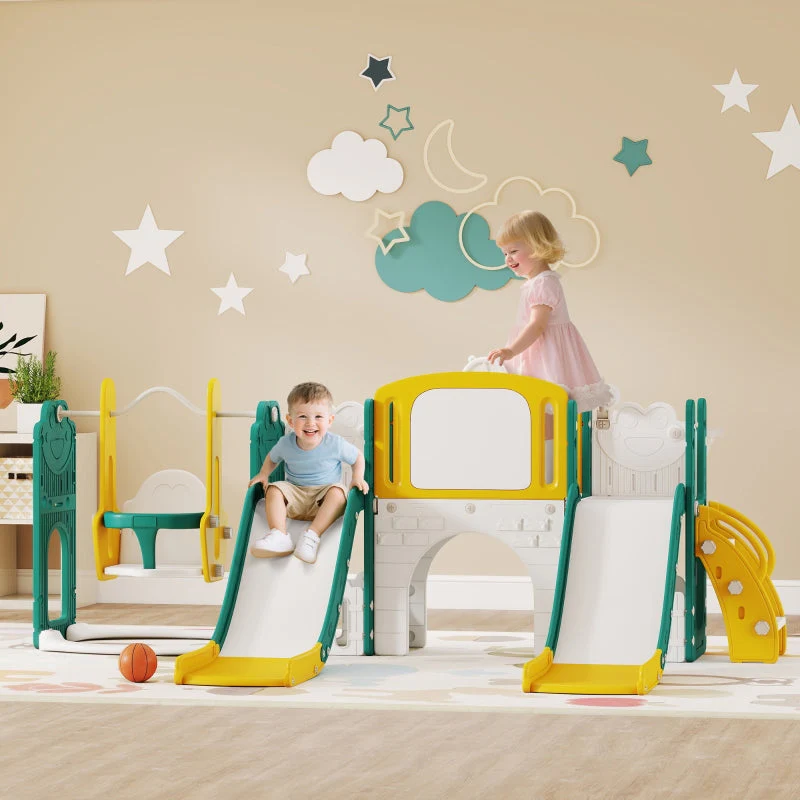 9-in-1 Toddler Slide and Swing Set with Basketball Hoop, Telescope and Drawing Board, Yellow and Green