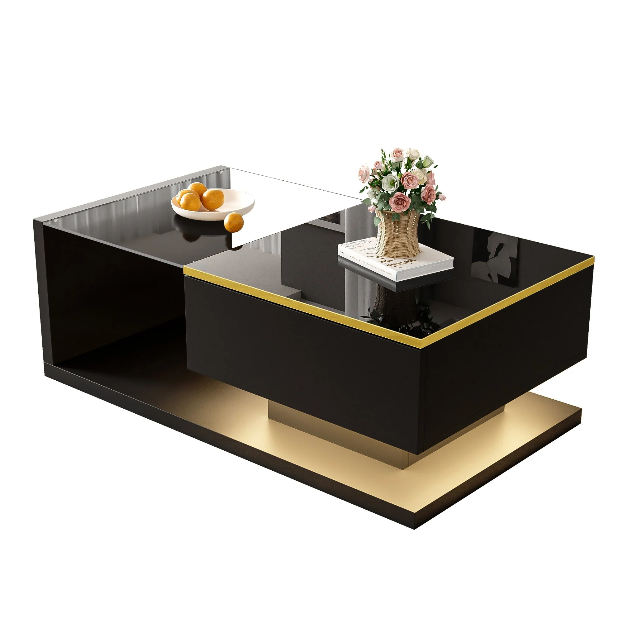 90 cm Coffee Table with Glass & LED, High-Gloss Black - Image 2