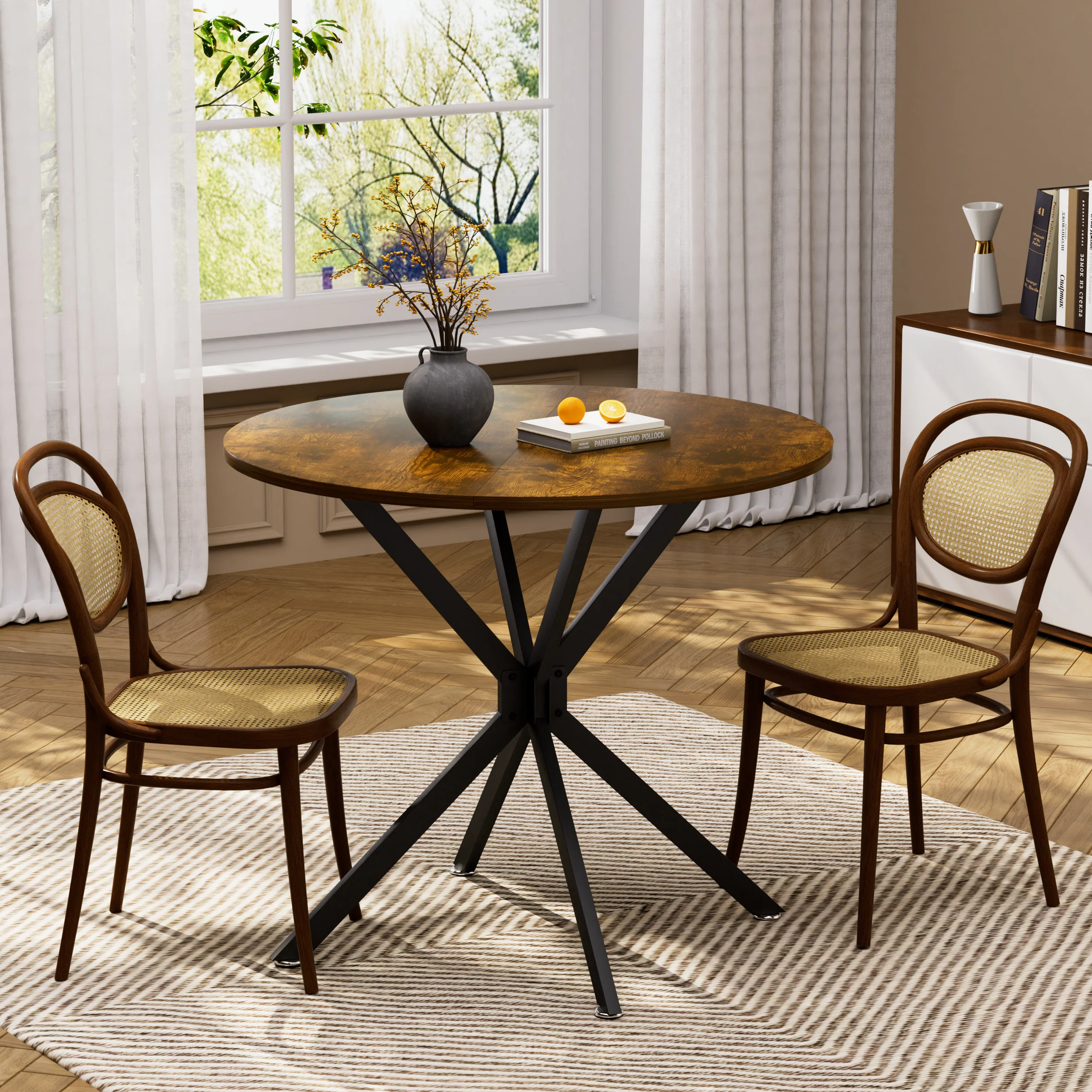 90 cm Round Dining Table, Space-Saving Kitchen Table with Metal Legs, Brown & Black - Image 2