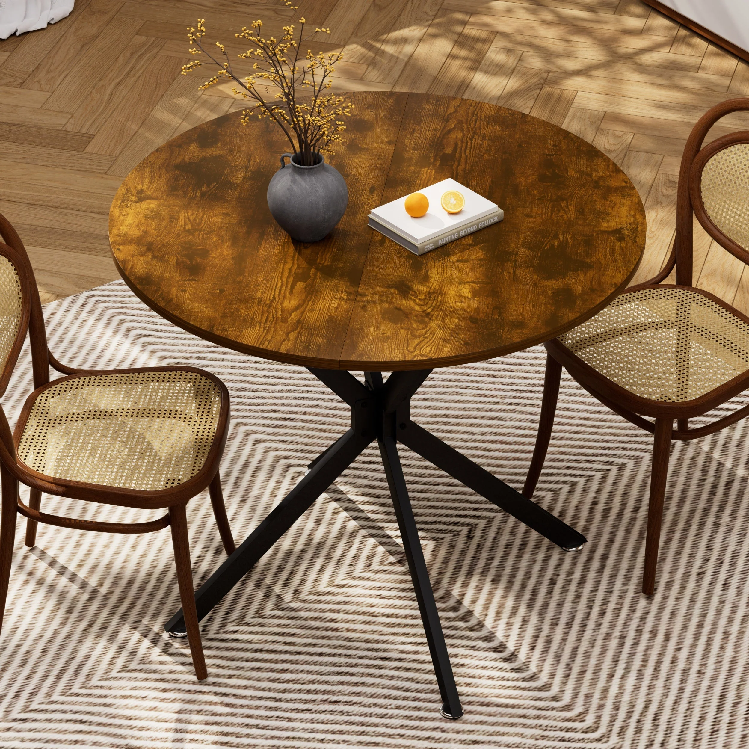 90 cm Round Dining Table, Space-Saving Kitchen Table with Metal Legs, Brown & Black - Image 3