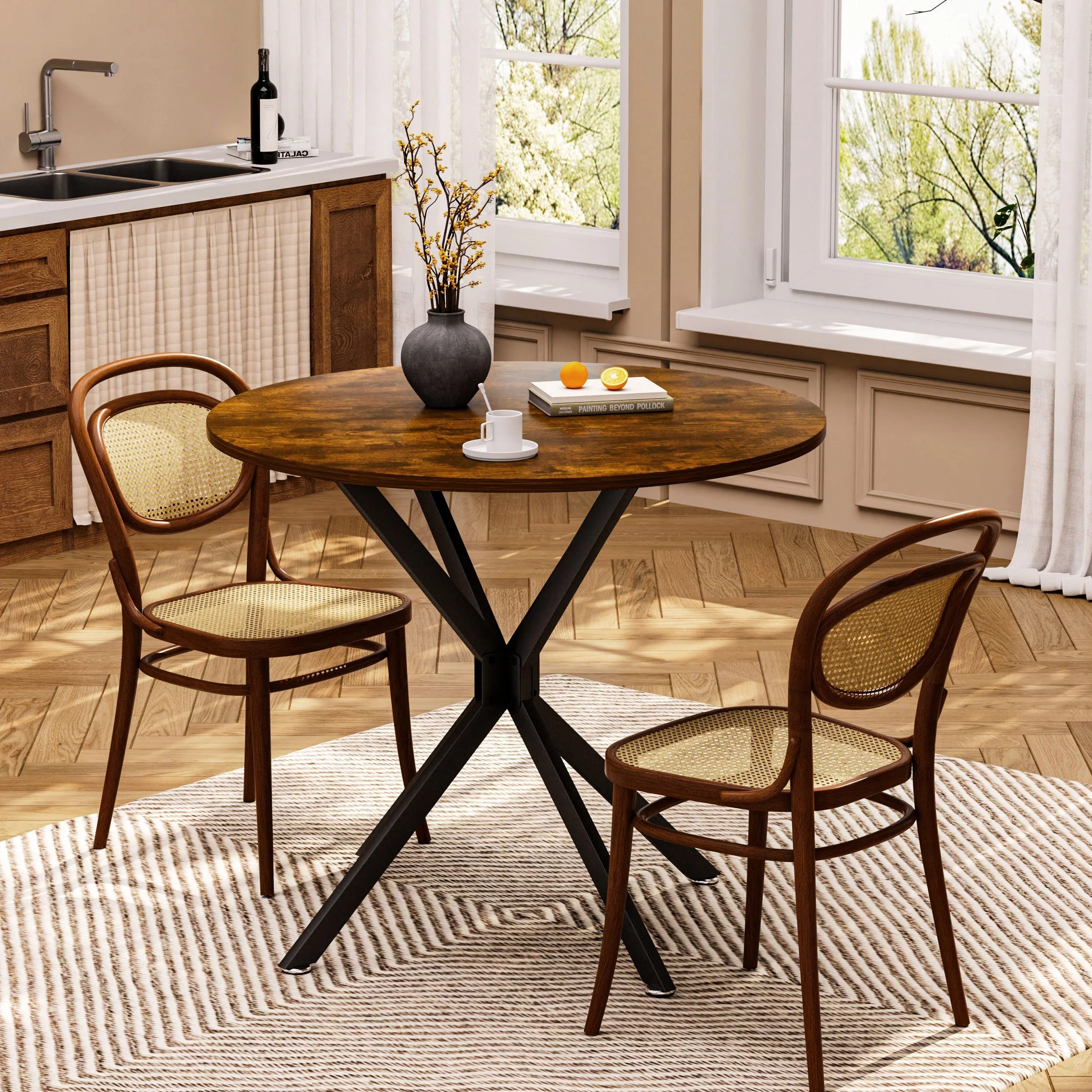 90 cm Round Dining Table, Space-Saving Kitchen Table with Metal Legs, Brown & Black - Image 4