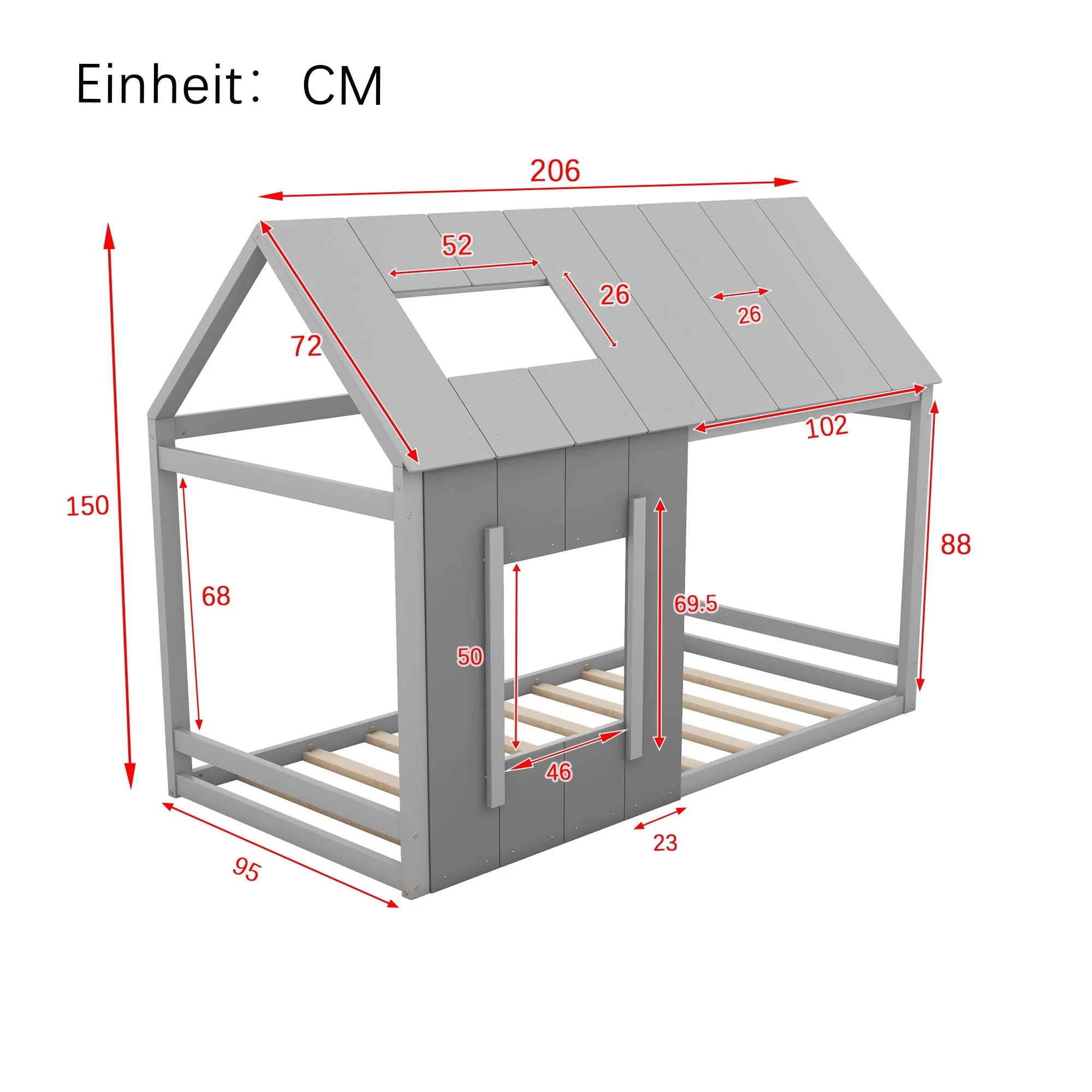 90 x 200 Children's Bed, House-Shaped with Roof and Window, Dark Grey and Light Grey - Image 6