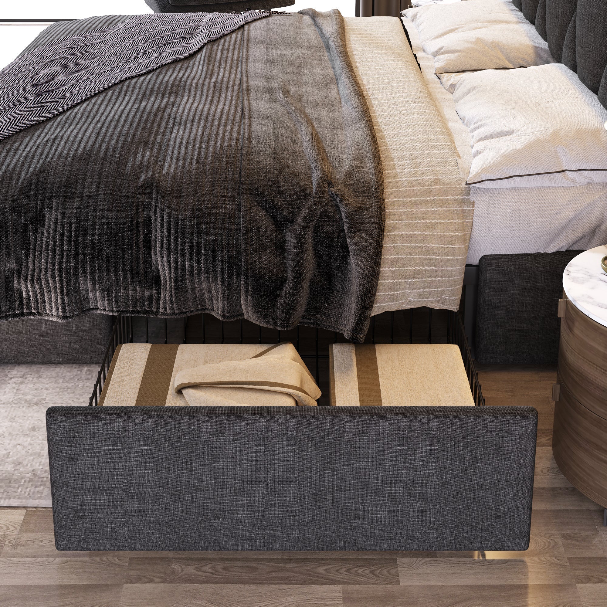 AB20485152G Upholstered Bed with USB Charging, 4 Drawers and Slatted Base, 160x200cm, Grey Linen - Image 8
