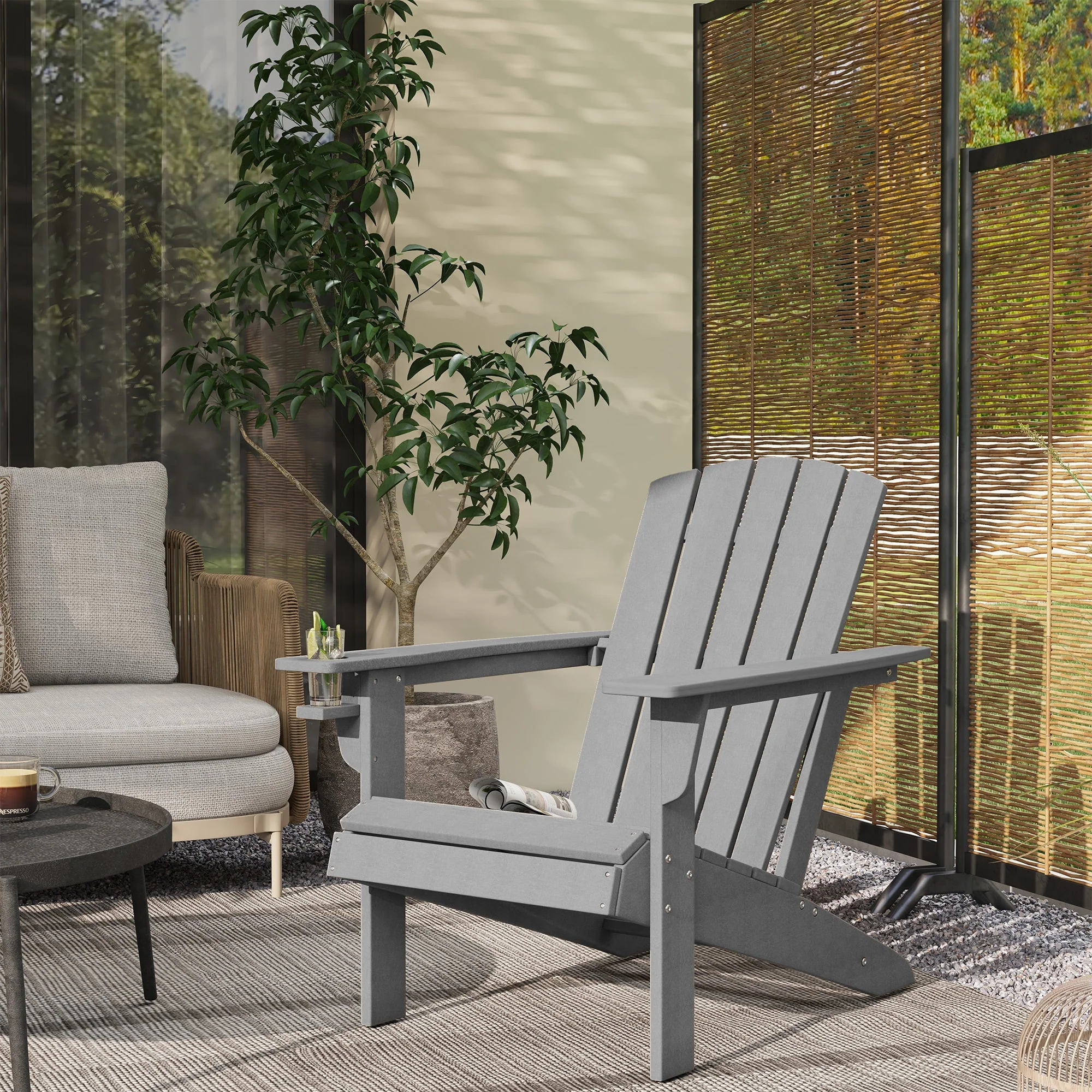 Adirondack Garden Chair, Drink Holder, Plastic Armchair, Grey