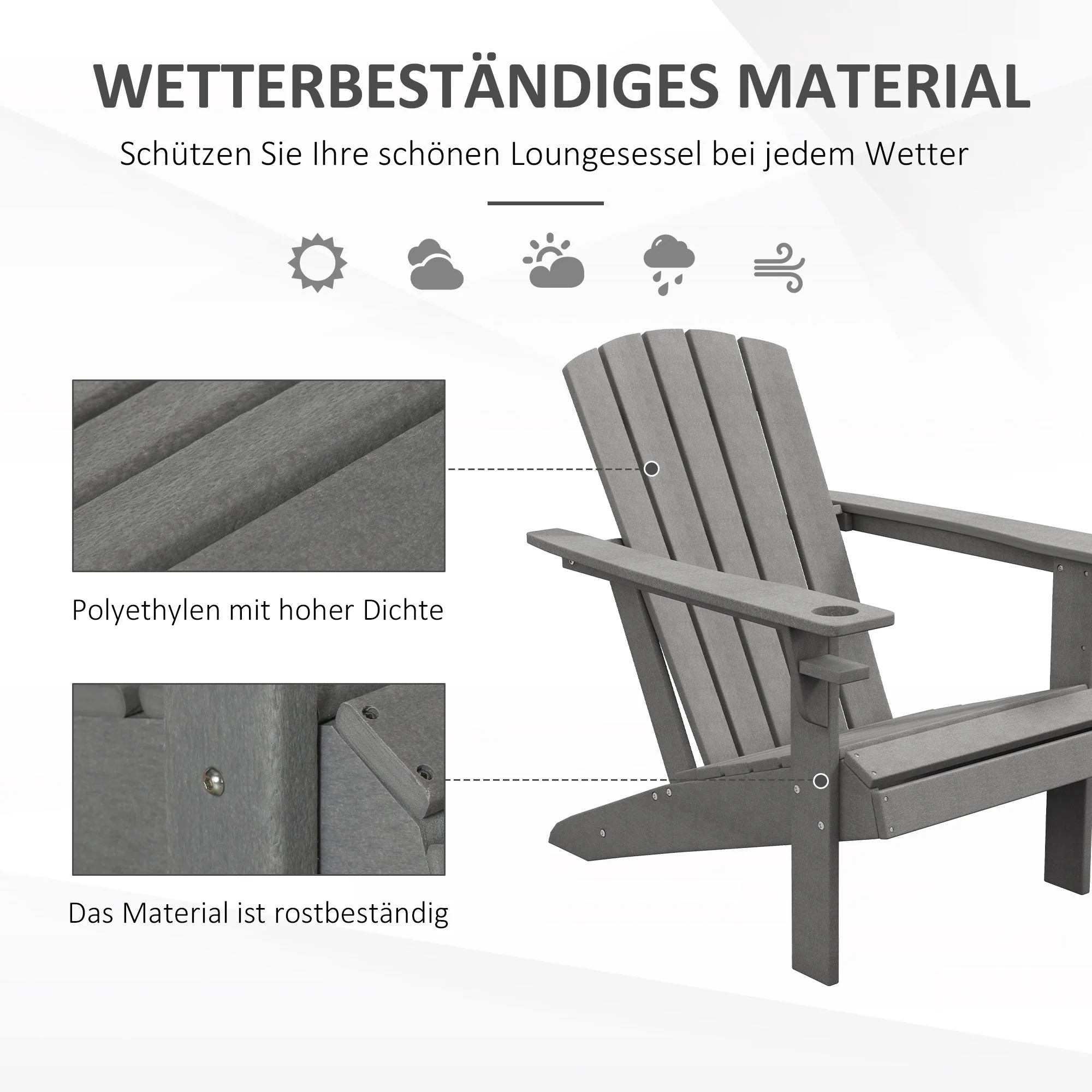 Adirondack Garden Chair, Drink Holder, Plastic Armchair, Grey - Image 6