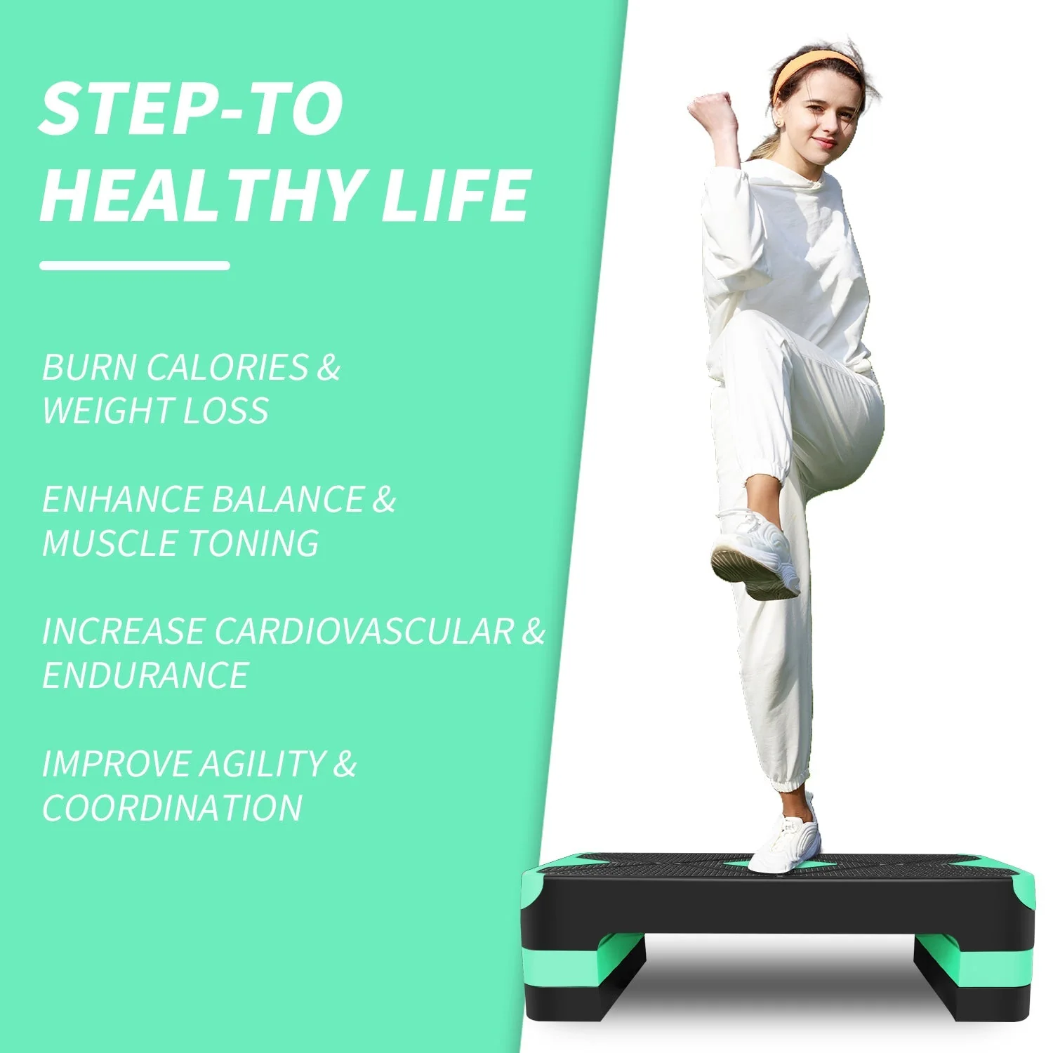Aerobic Exercise Stepper Adjustable Height 3-Level 27" Platform - Green - Image 7