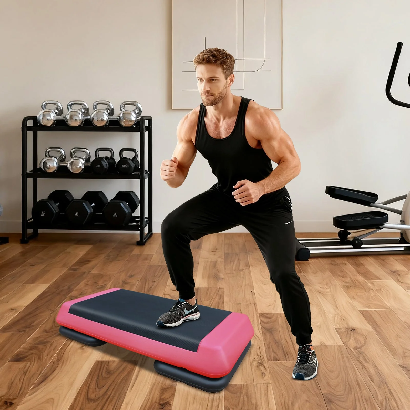 Aerobic Stepper, 76cm/28.5" Adjustable Workout Platform with 2 Risers, Red Black - Image 6